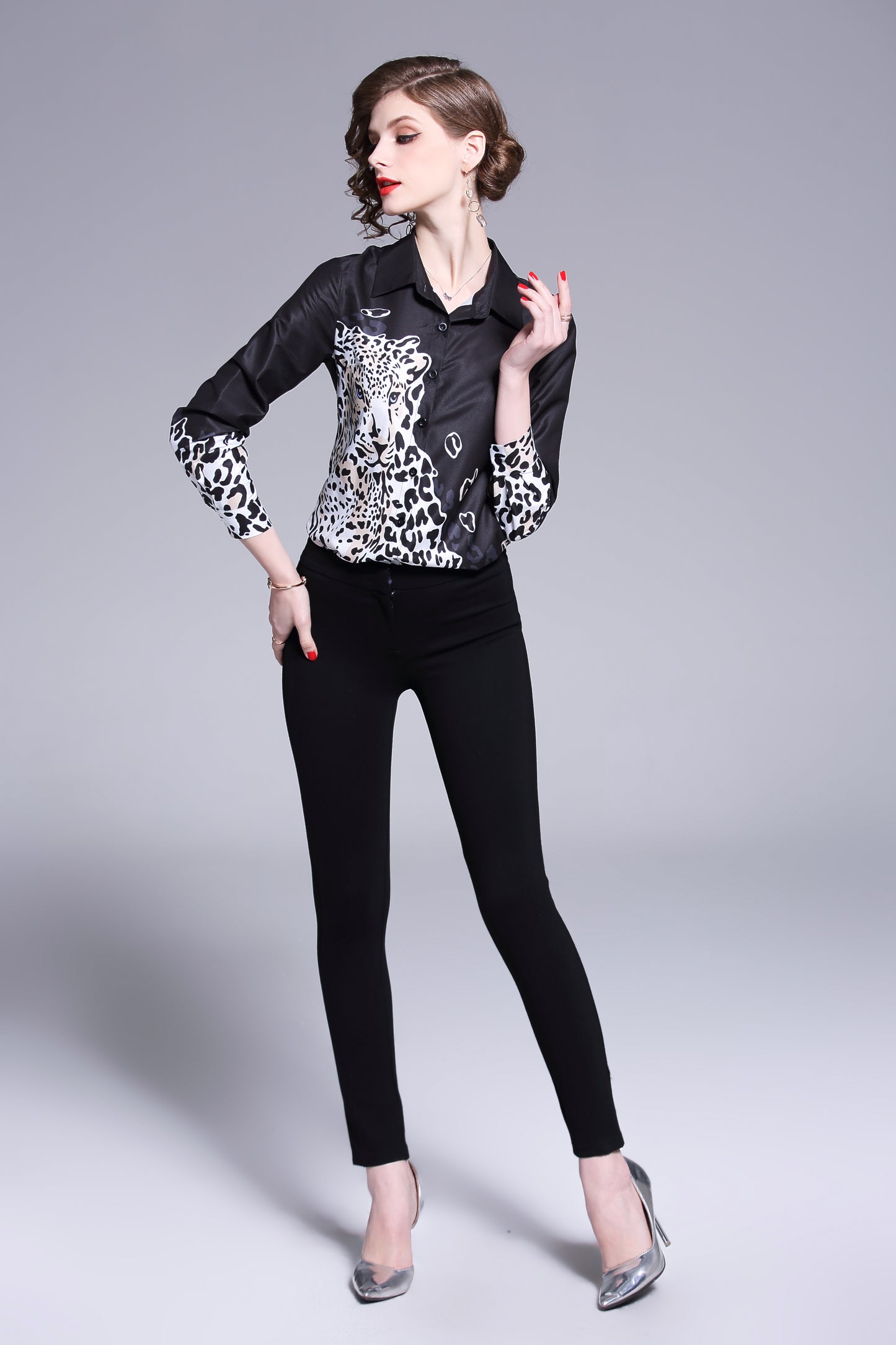 ESY-Women's Shirt Print Long Sleeve Button Blouse - LAI MENG FIVE CATS
