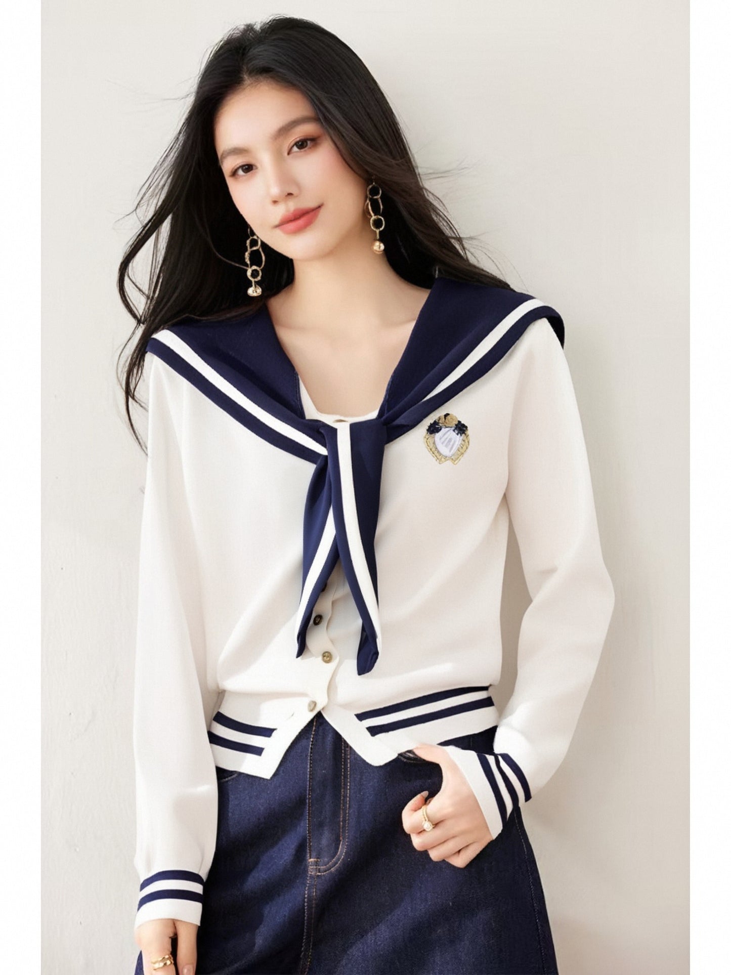 Women's Sailor Collar Long Sleeve Stripe Cardigan Sweater
