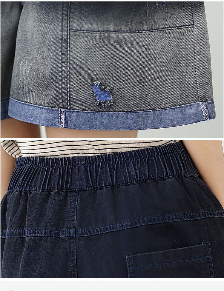 Women's Baggy Pull On Jeans Ripped Denim Shorts - LAI MENG FIVE CATS