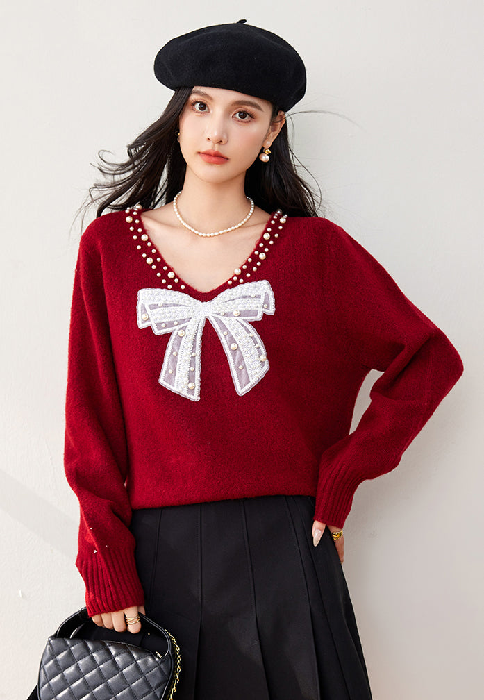 SD-Bow Sparkling Beads Pullover Sweater - LAI MENG FIVE CATS