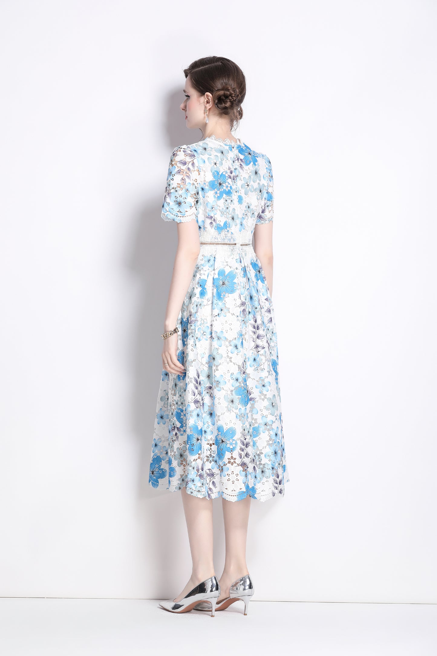 Women's Lace Floral Crochet Waist Midi Dress