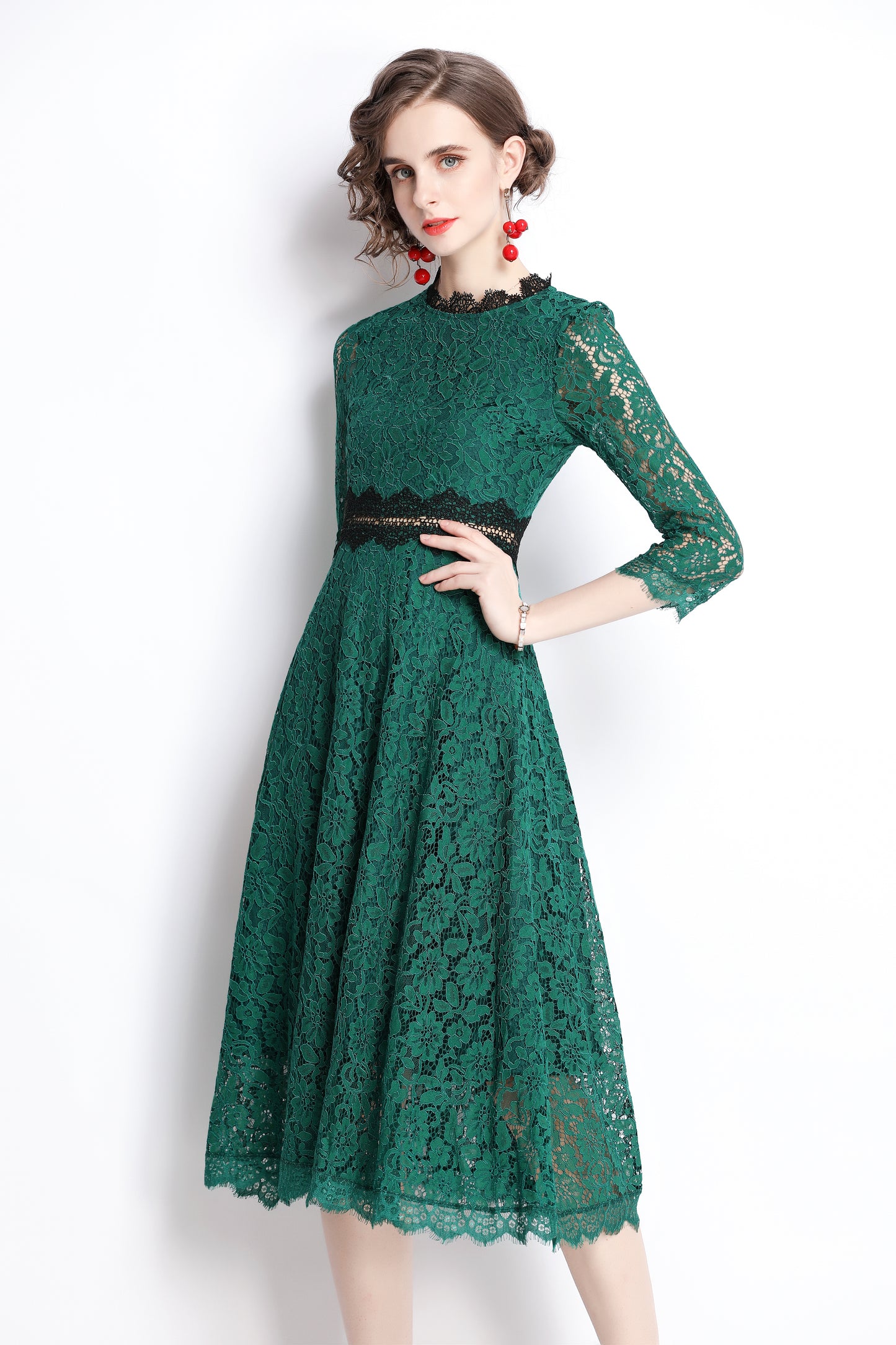 SSY-Women's 3/4 Sleeve Floral Lace Cocktail Midi Dress