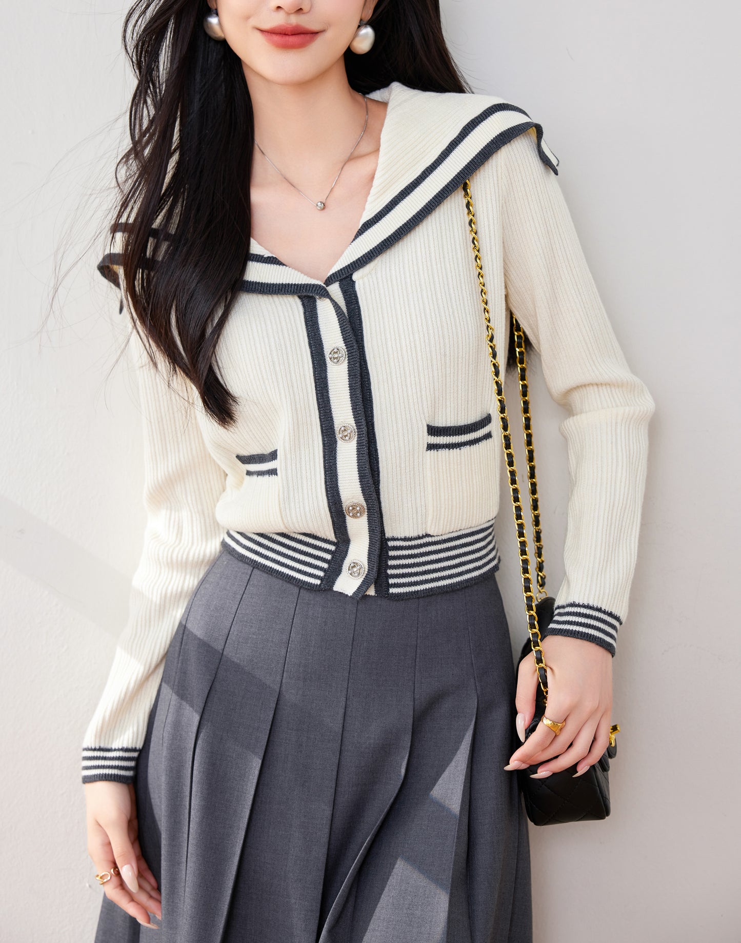 Women's Sailor Collar V-Neck Stripe Button Knit Top