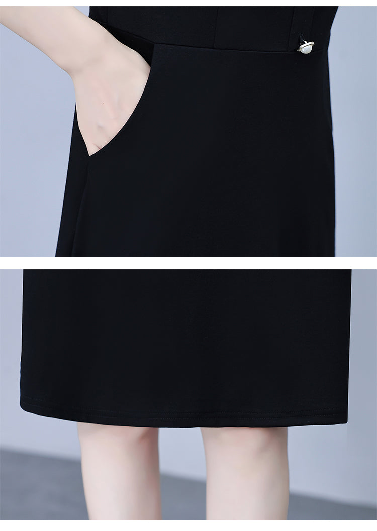 Women's Peter Pan Collar Short Sleeve Pocket Midi Dress - LAI MENG FIVE CATS