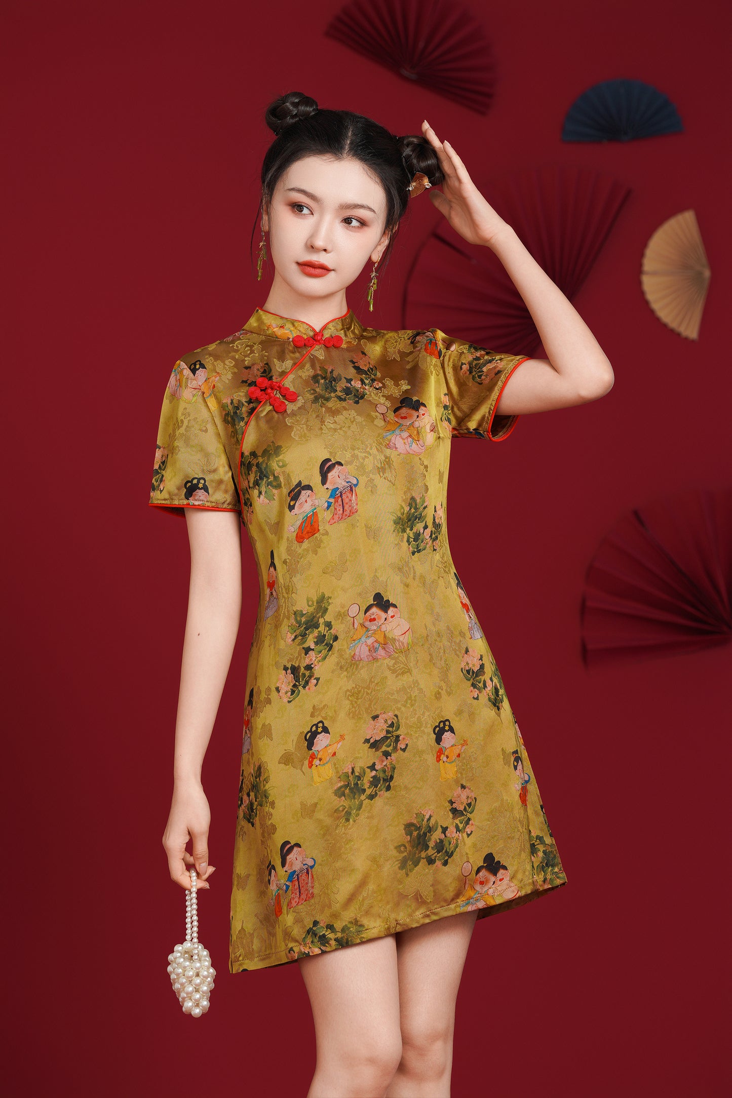 Women's Cheongsam Print Short Sleeve Mini Dress