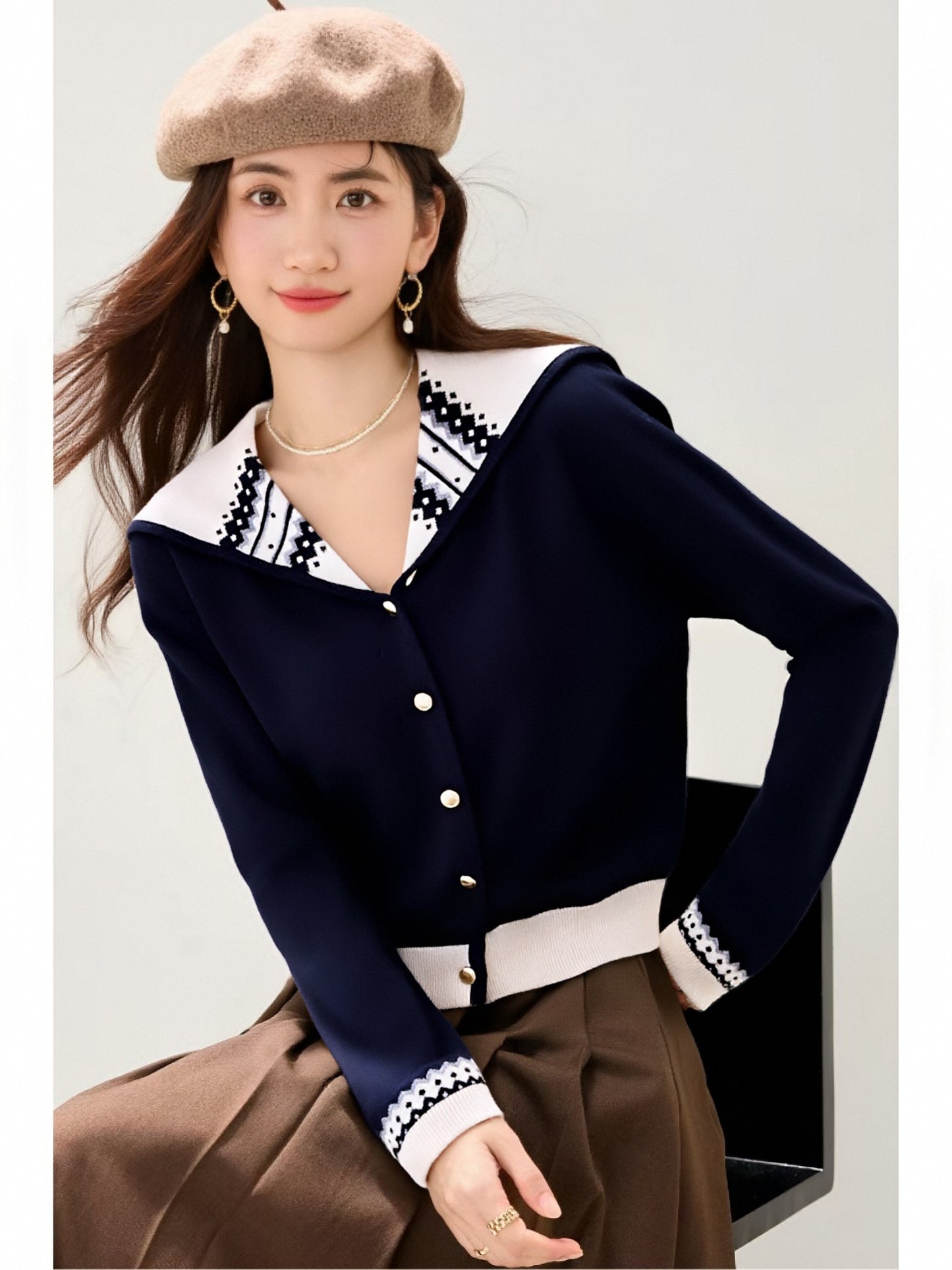 Women's Sailor Collar Long Sleeve Stripe Cardigan Sweater