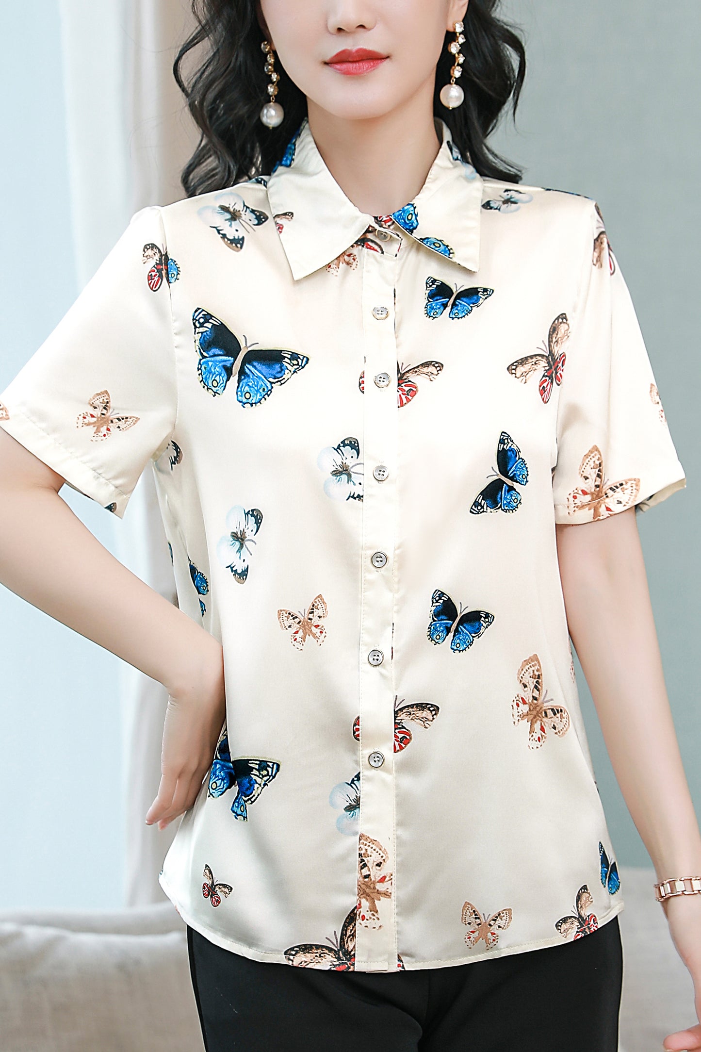 Women's Stain Floral Print Blouse Short Sleeve Tops
