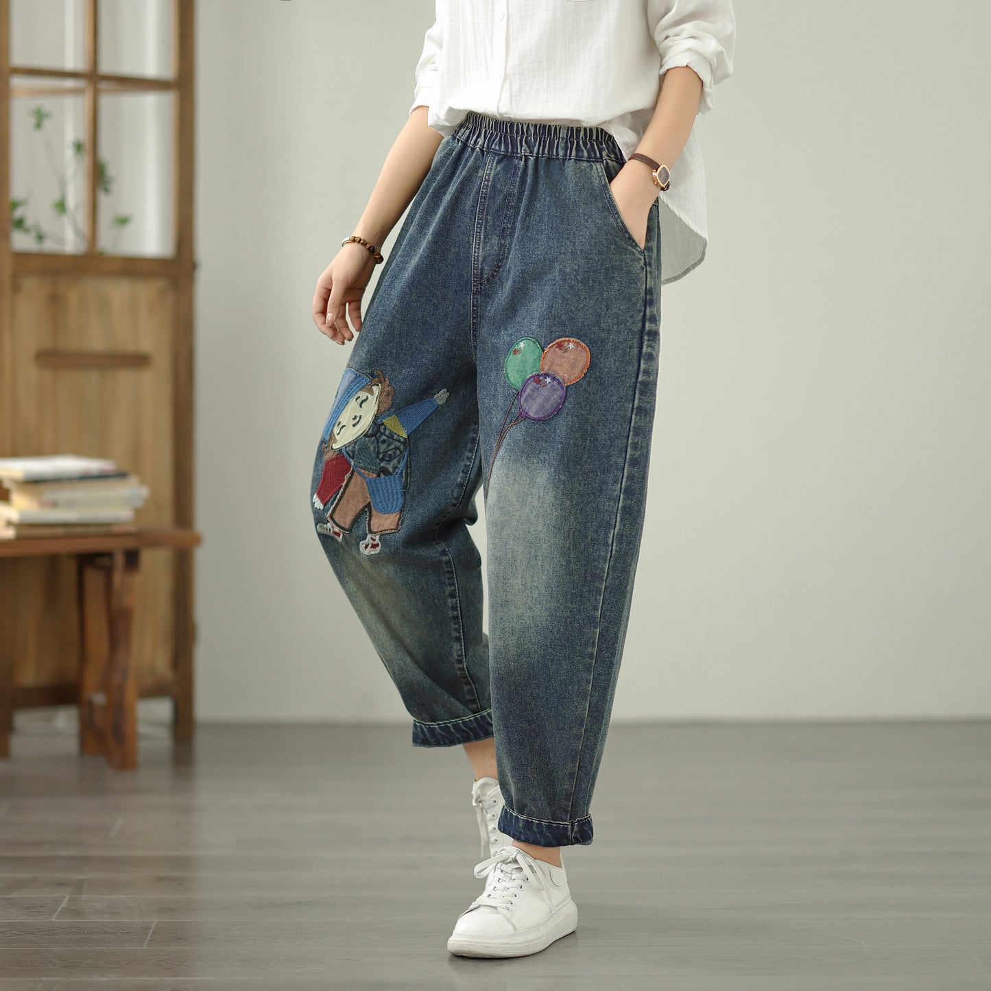 Women Jeans Denim Pants Elastic Waist