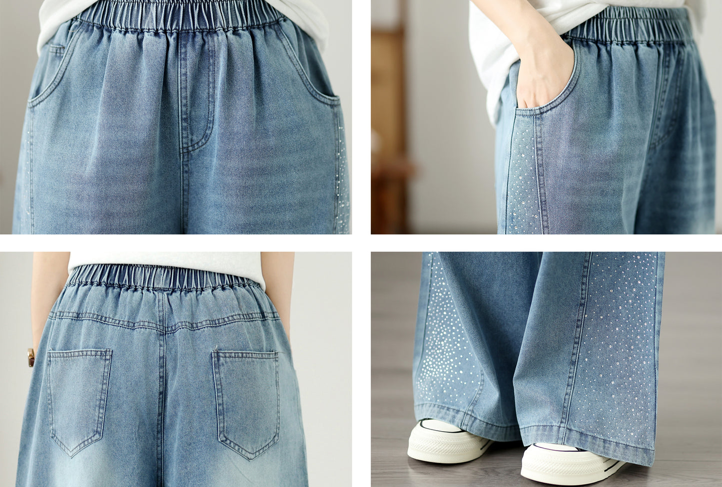 Women's Wide Leg Jeans Elastic Waist Casual Loose Curved Pants - LAI MENG FIVE CATS