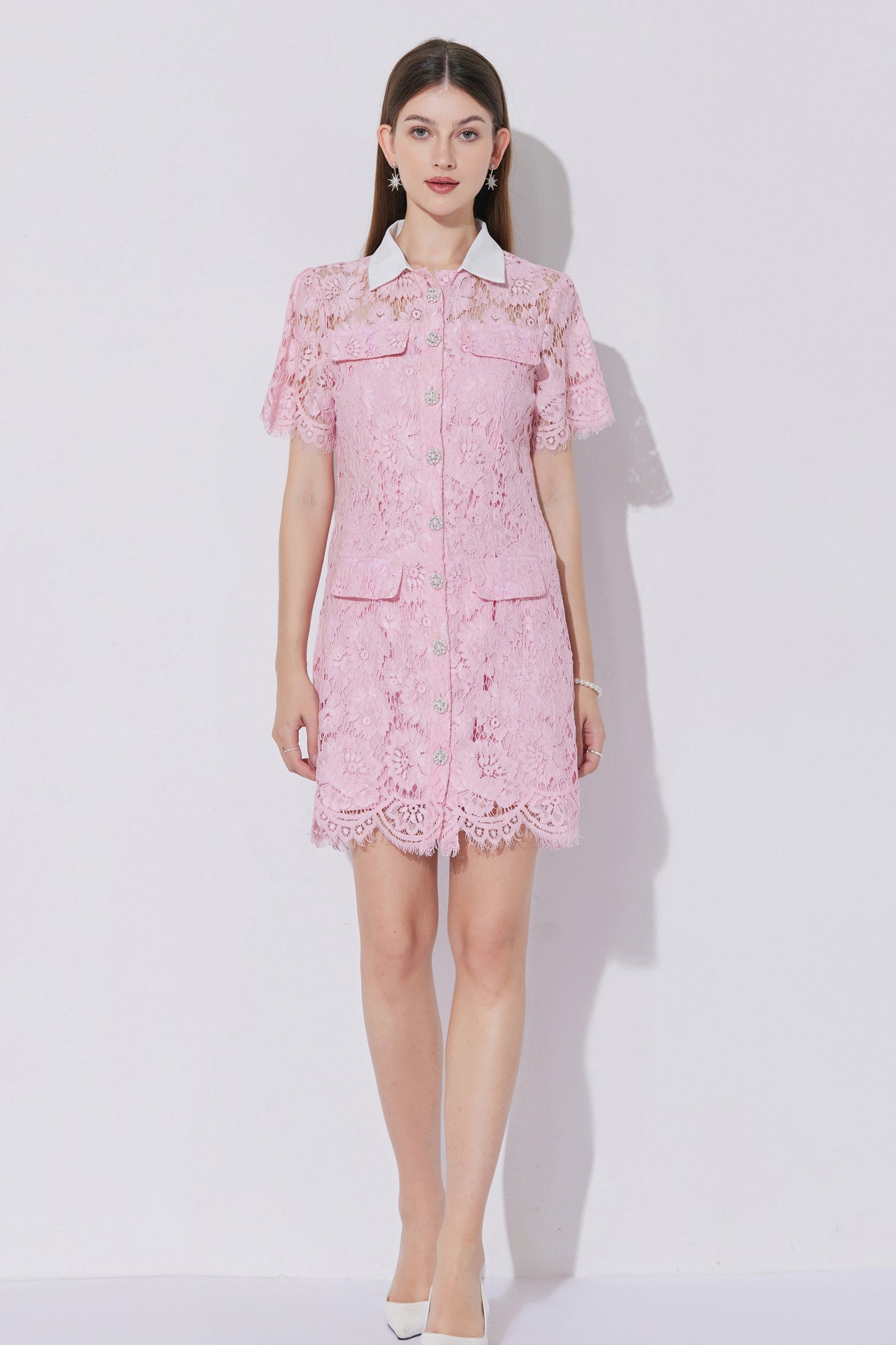 Women's Lace Floral Contrast Collar Mini Dress
