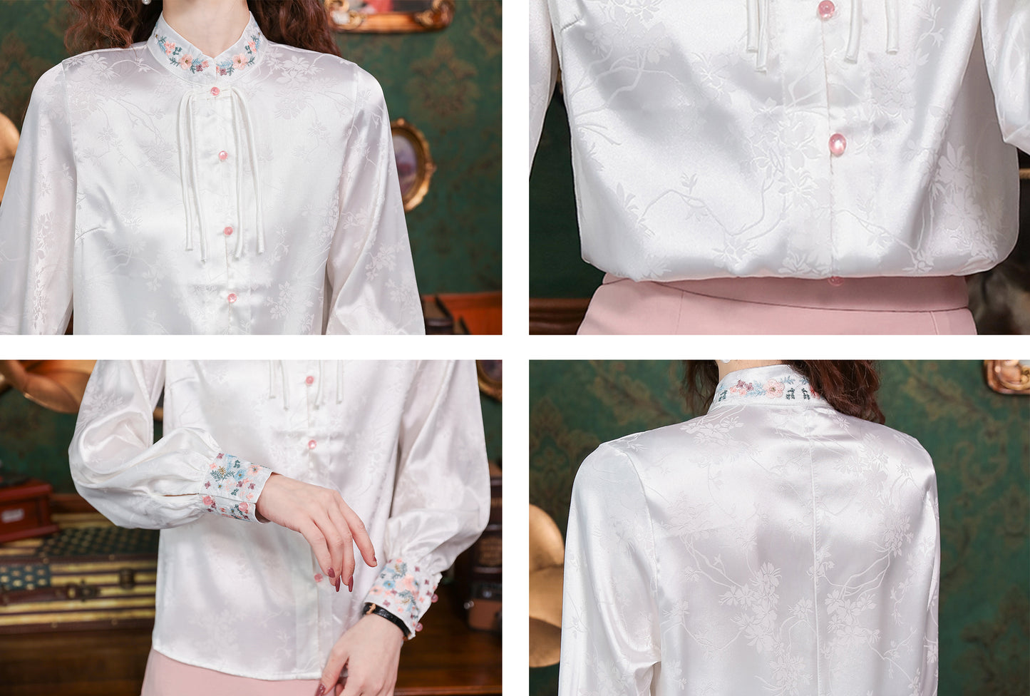 Women's Silk Satin Top Embroidered Jacquard Shirt