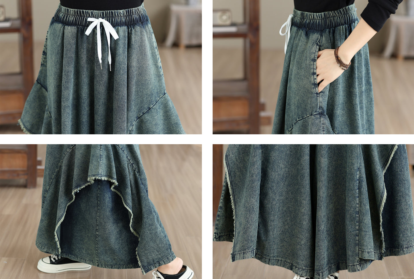 Women Loose Denim Skirt Pants Baggy Elastic Waist Casual Wide Leg Jeans - LAI MENG FIVE CATS