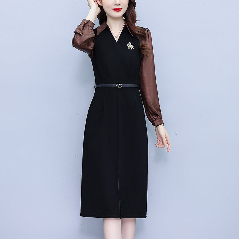 Women's Lapel V-Neck Pocket Long Sleeve Black Dress
