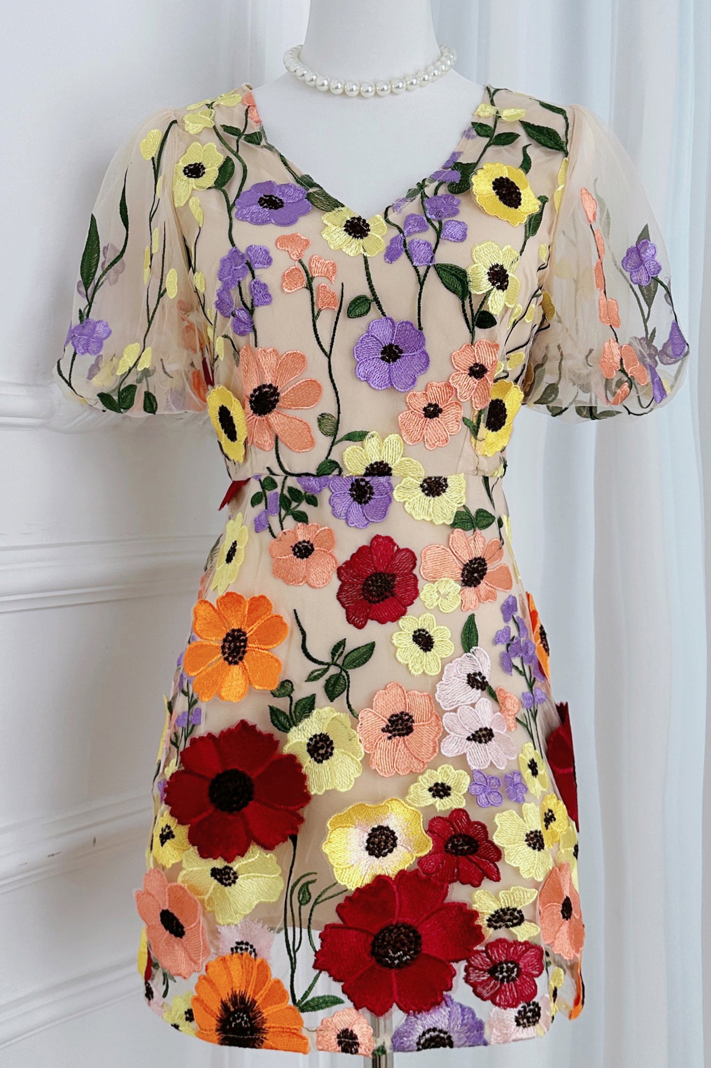 Women's 3D Floral Embroidery Tulle Lace Mesh Mini Dress