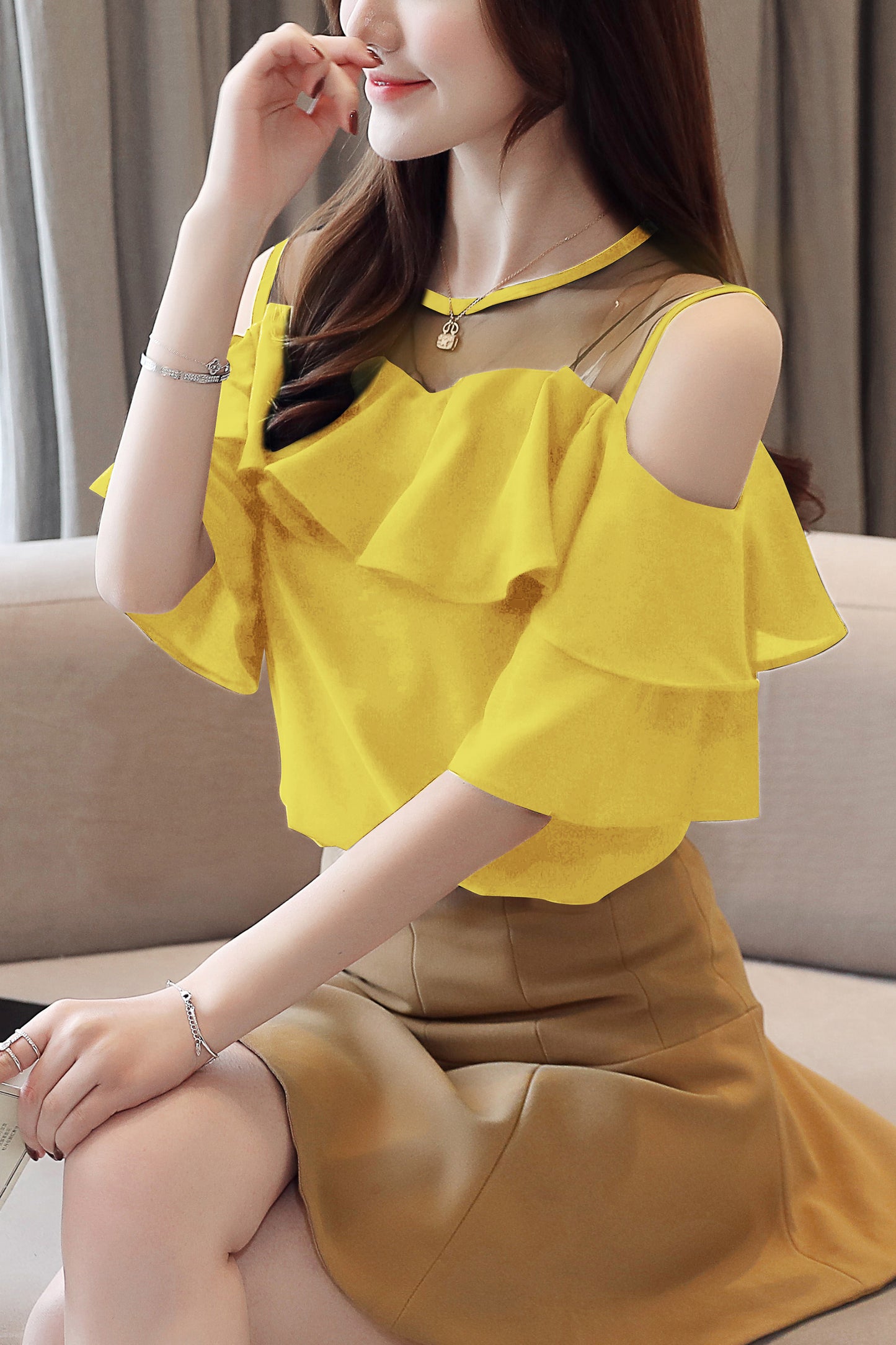 Women's Chiffon Ruffle Off Shoulder Mesh Blouse Top