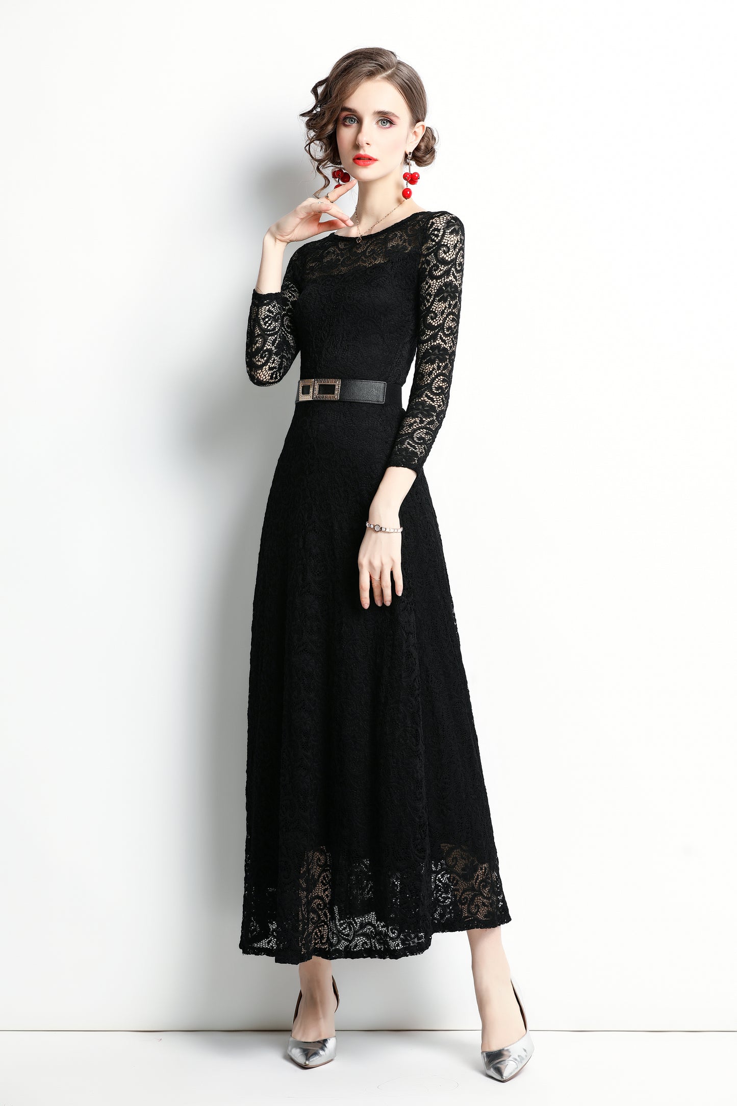 SSY-Women's 3/4 Sleeve Lace Overlay Maxi Dress