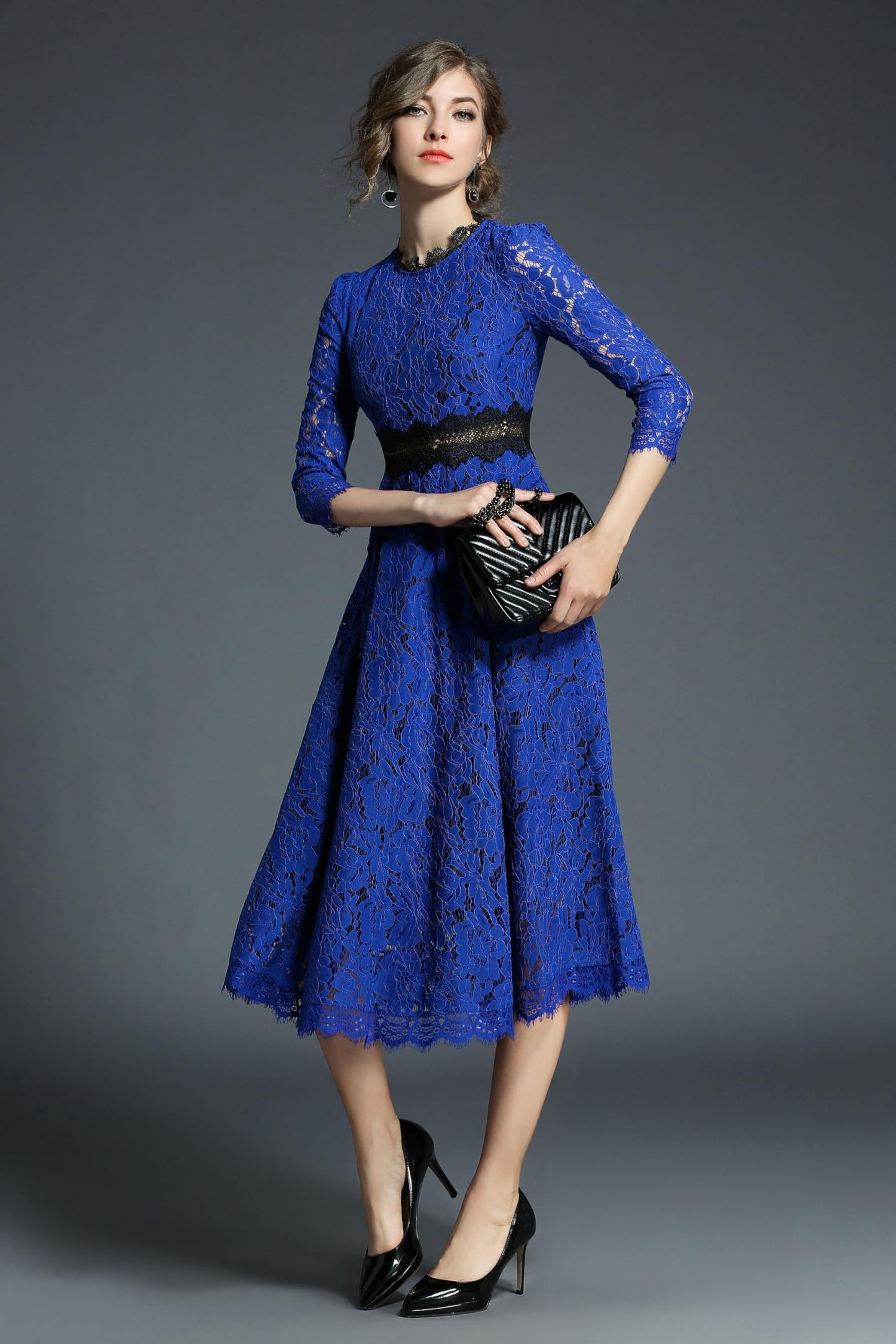 SSY-Women's 3/4 Sleeve Lace Overlay Cocktail Wedding Midi Dress - LAI MENG FIVE CATS