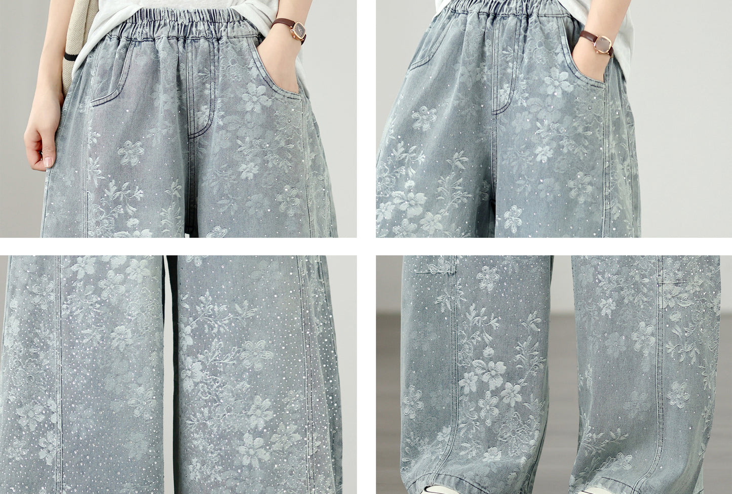 Women's Wide Leg Jeans Elastic Waist Casual Loose Curved Pants