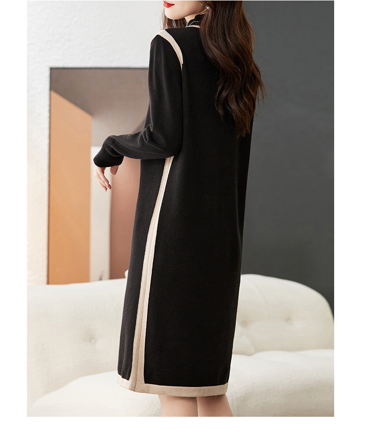 Women's Long Sleeve Sweater Knit Color Block Dress
