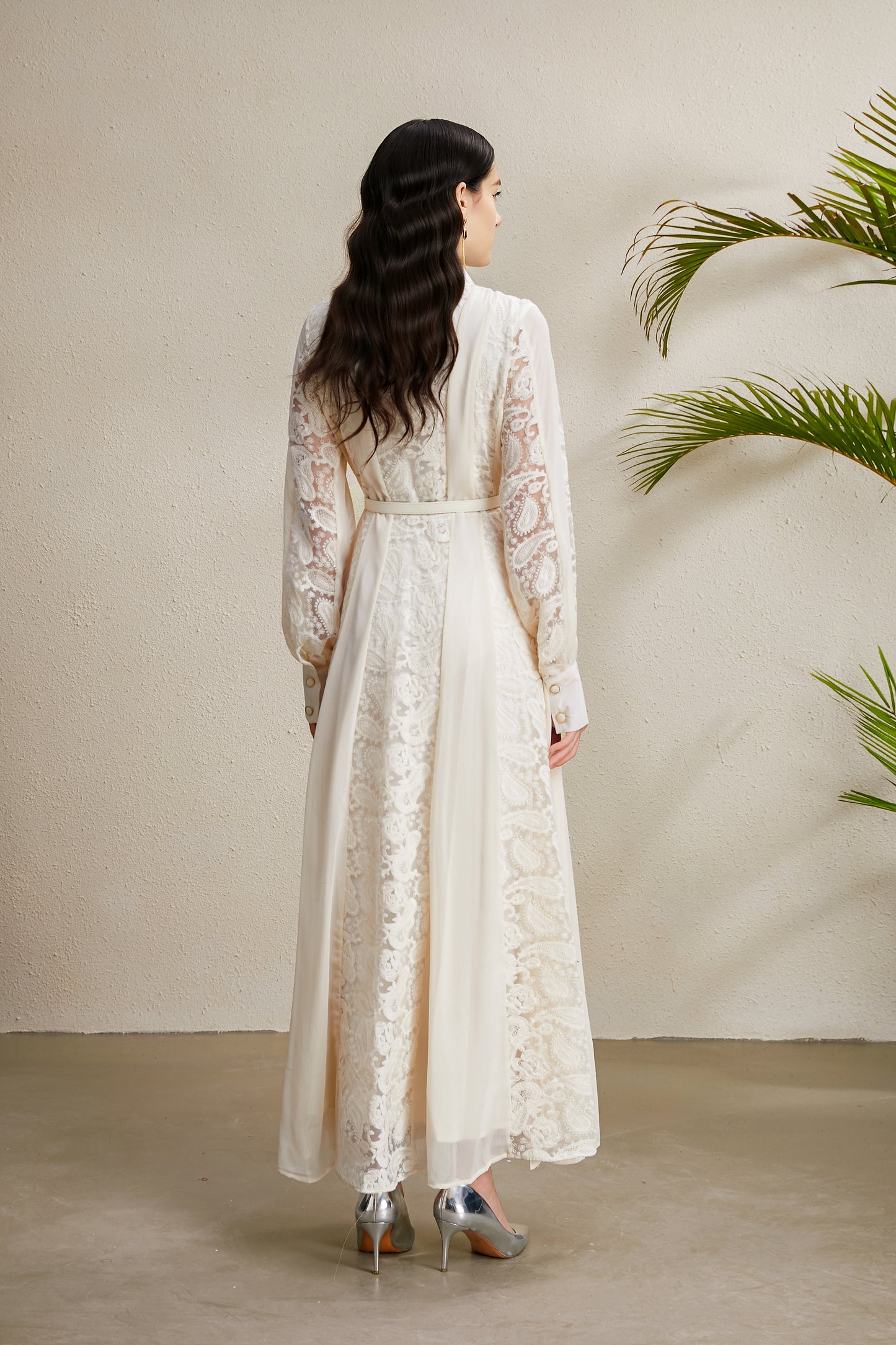 Women's Floral Print Lace Puff Sleeve Maxi Dress