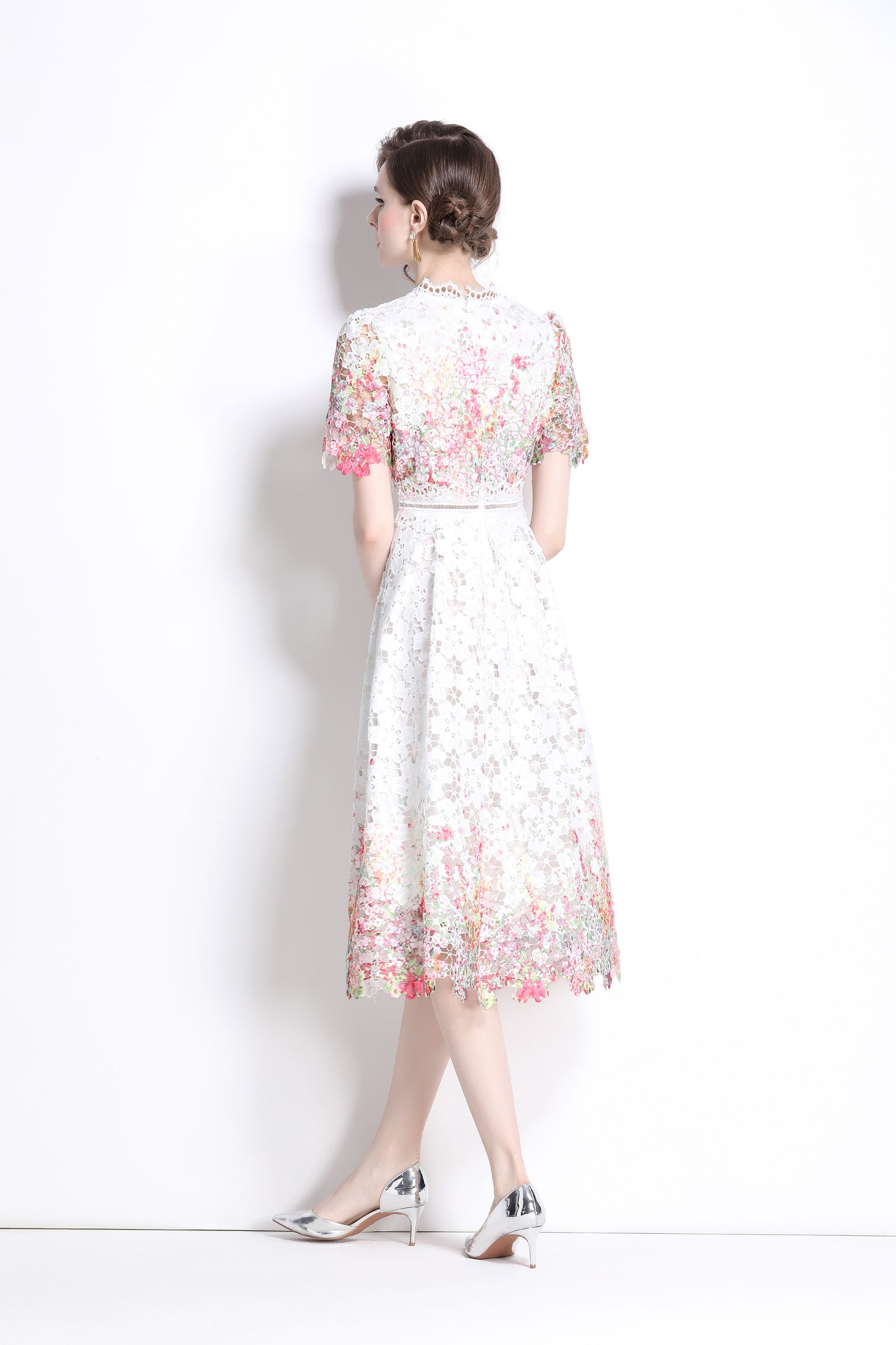 Women's Lace Floral Short Sleeve Crochet Waist Cocktail Midi Dress - LAI MENG FIVE CATS