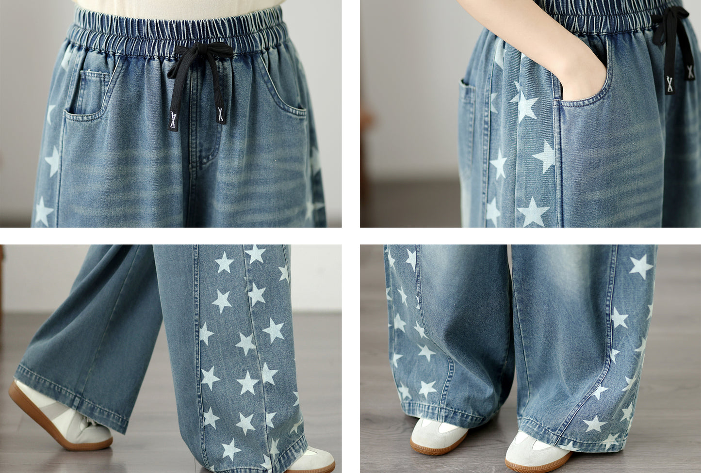 Women's Wide Leg Jeans Elastic Waist Casual Loose Curved Pants - LAI MENG FIVE CATS