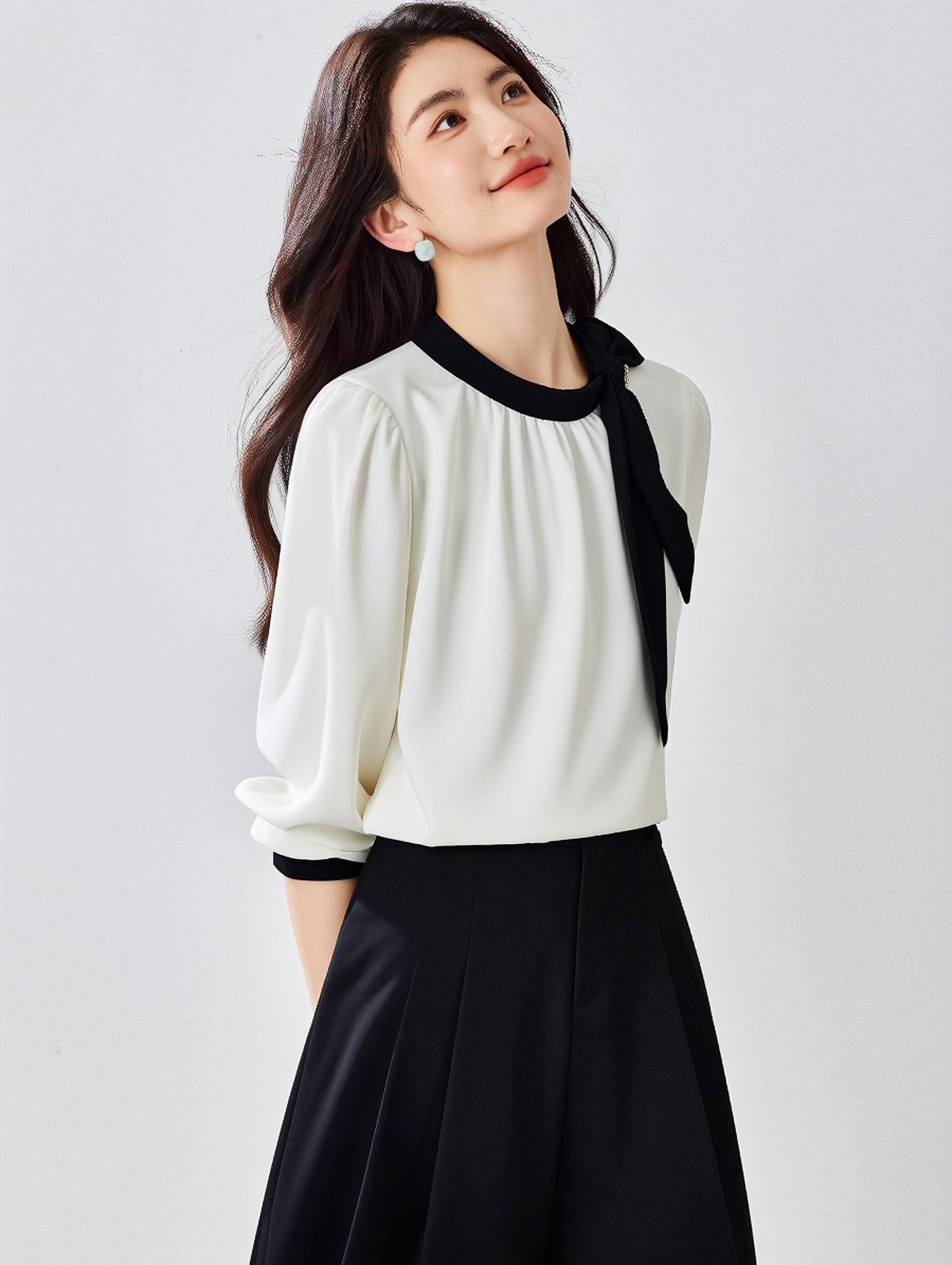 Women's Silk Satin Shirt Tie Neck Long Sleeve Top - LAI MENG FIVE CATS