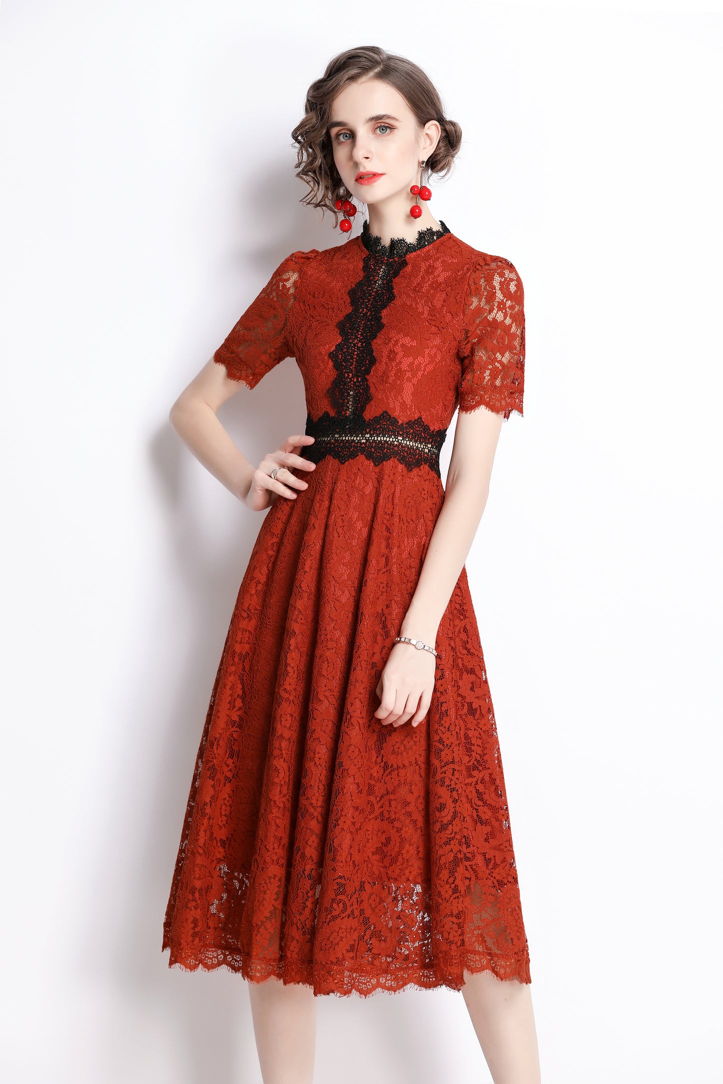 SSY-Women's Short Sleeve Floral Lace Cocktail Party Midi Dress - LAI MENG FIVE CATS