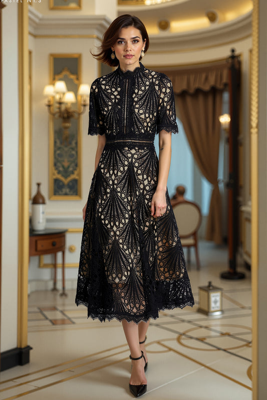 BK-Women's Floral Lace Crew Neck Crochet Waist Midi Dress - LAI MENG FIVE CATS