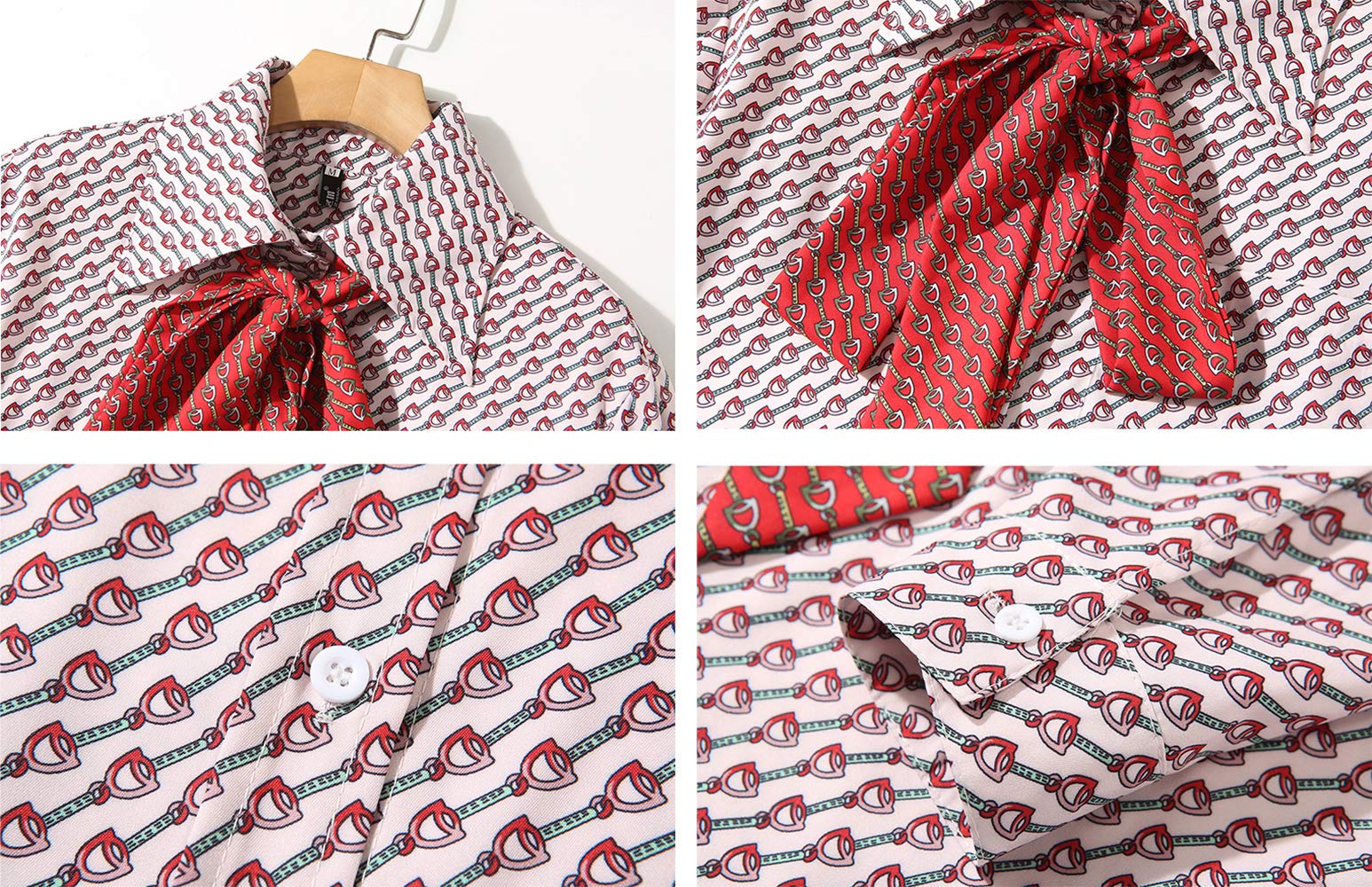 BK-Tie Neck Print Long Sleeve Blouse Top - LAI MENG FIVE CATS