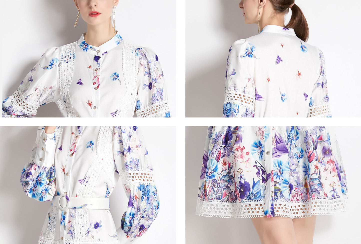 BK-Floral Print Button up Lantern Sleeve Mini Dress with Belt - LAI MENG FIVE CATS