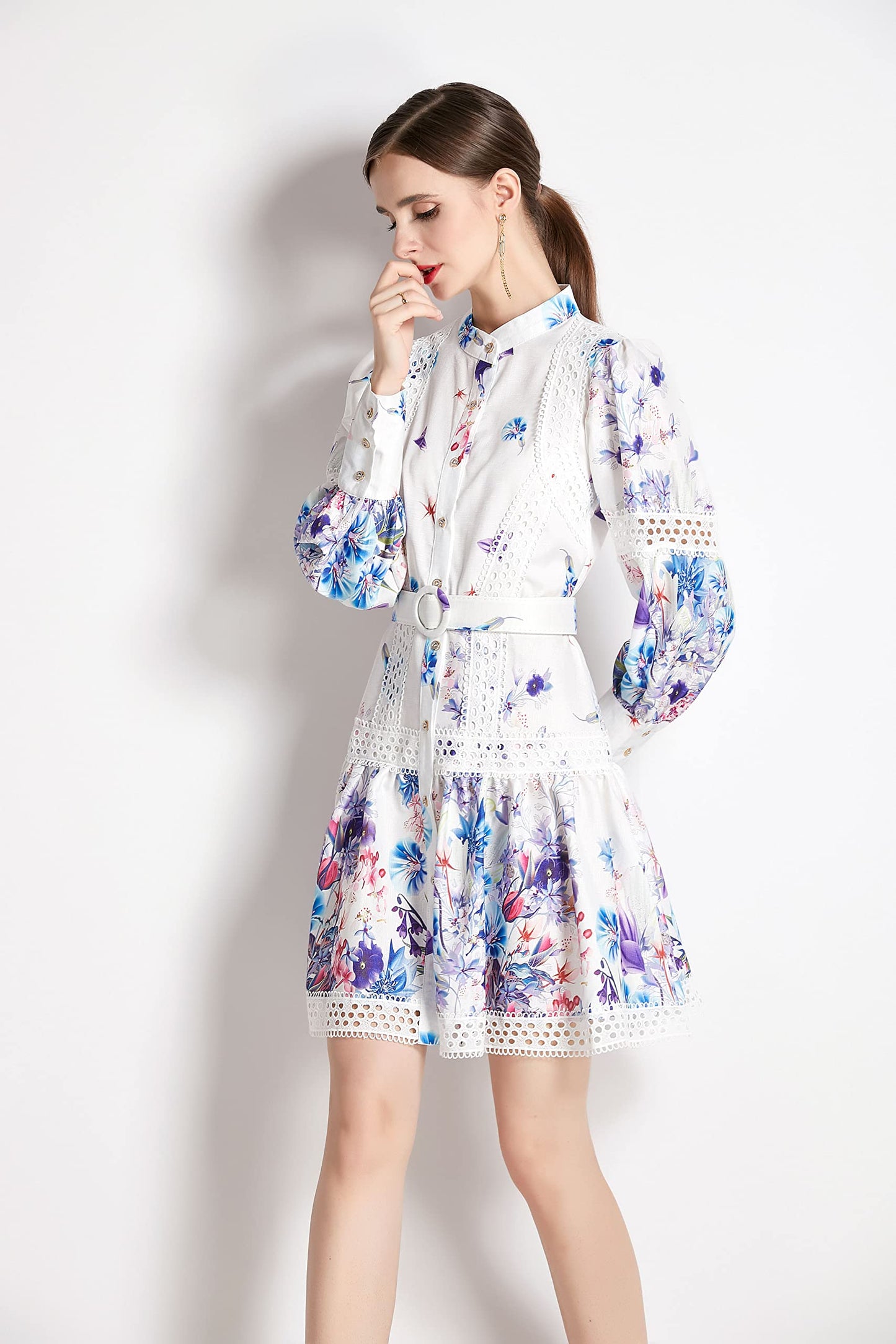 BK-Floral Print Button up Lantern Sleeve Mini Dress with Belt - LAI MENG FIVE CATS