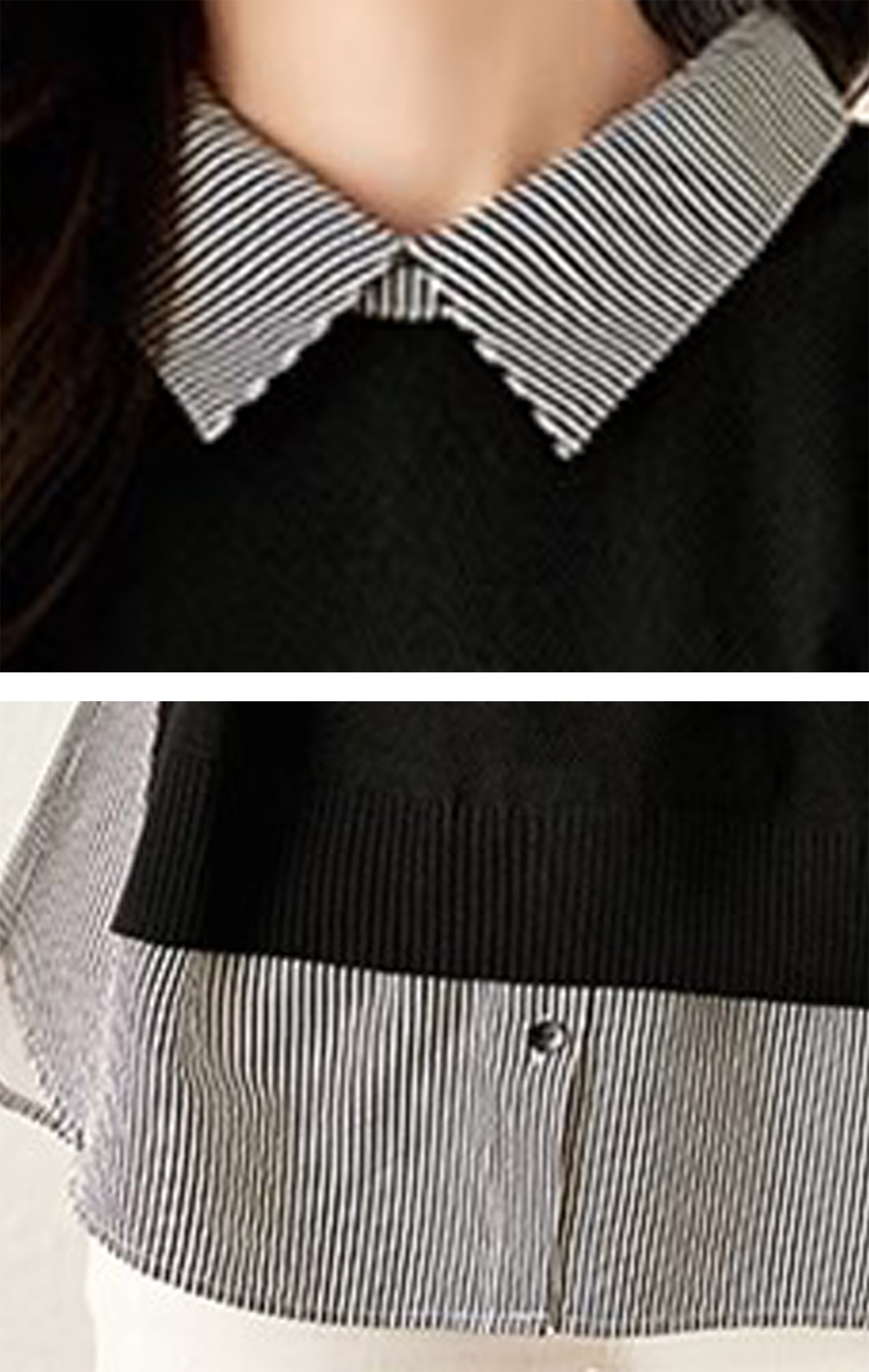 Women's Patchwork Shirt Collar Cotton  Knit Pullover Tops - LAI MENG FIVE CATS
