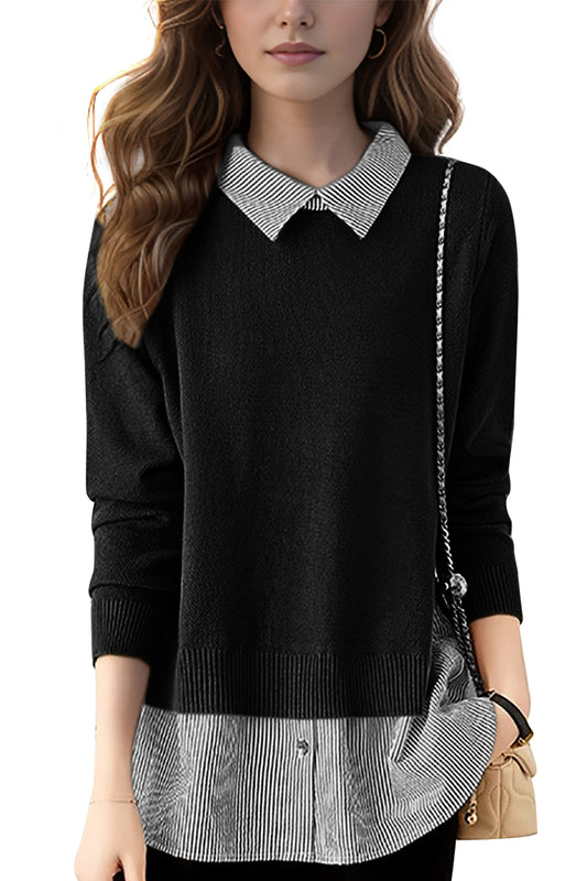 Women's Patchwork Shirt Collar Cotton  Knit Pullover Tops - LAI MENG FIVE CATS