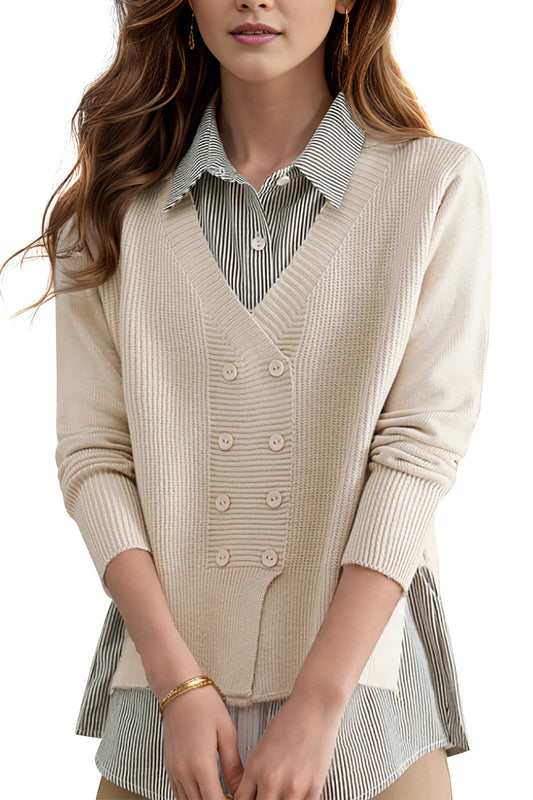 Women's Casual Patchwork Shirt Collar Long Sleeve Cotton Pullover Tops - LAI MENG FIVE CATS