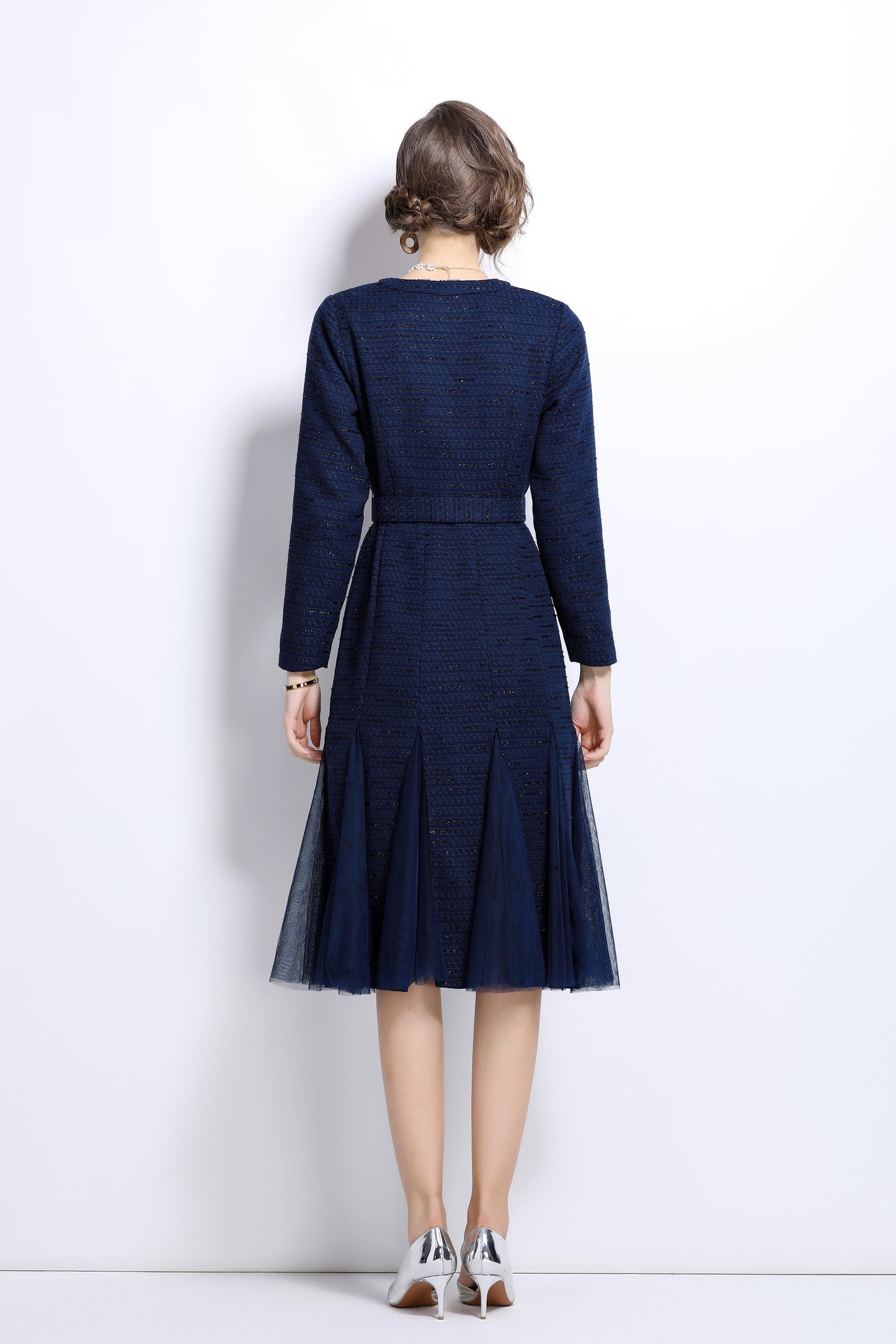 Buttons Pockets Belt Mesh Midi Dress