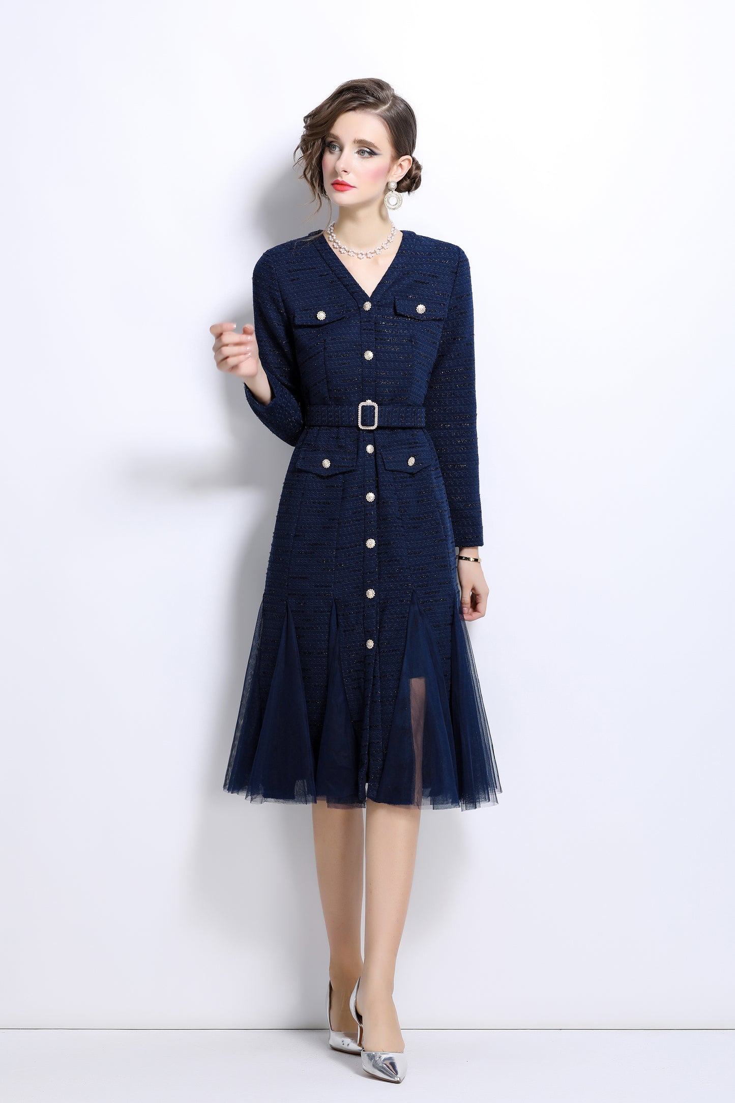 Buttons Pockets Belt Mesh Midi Dress