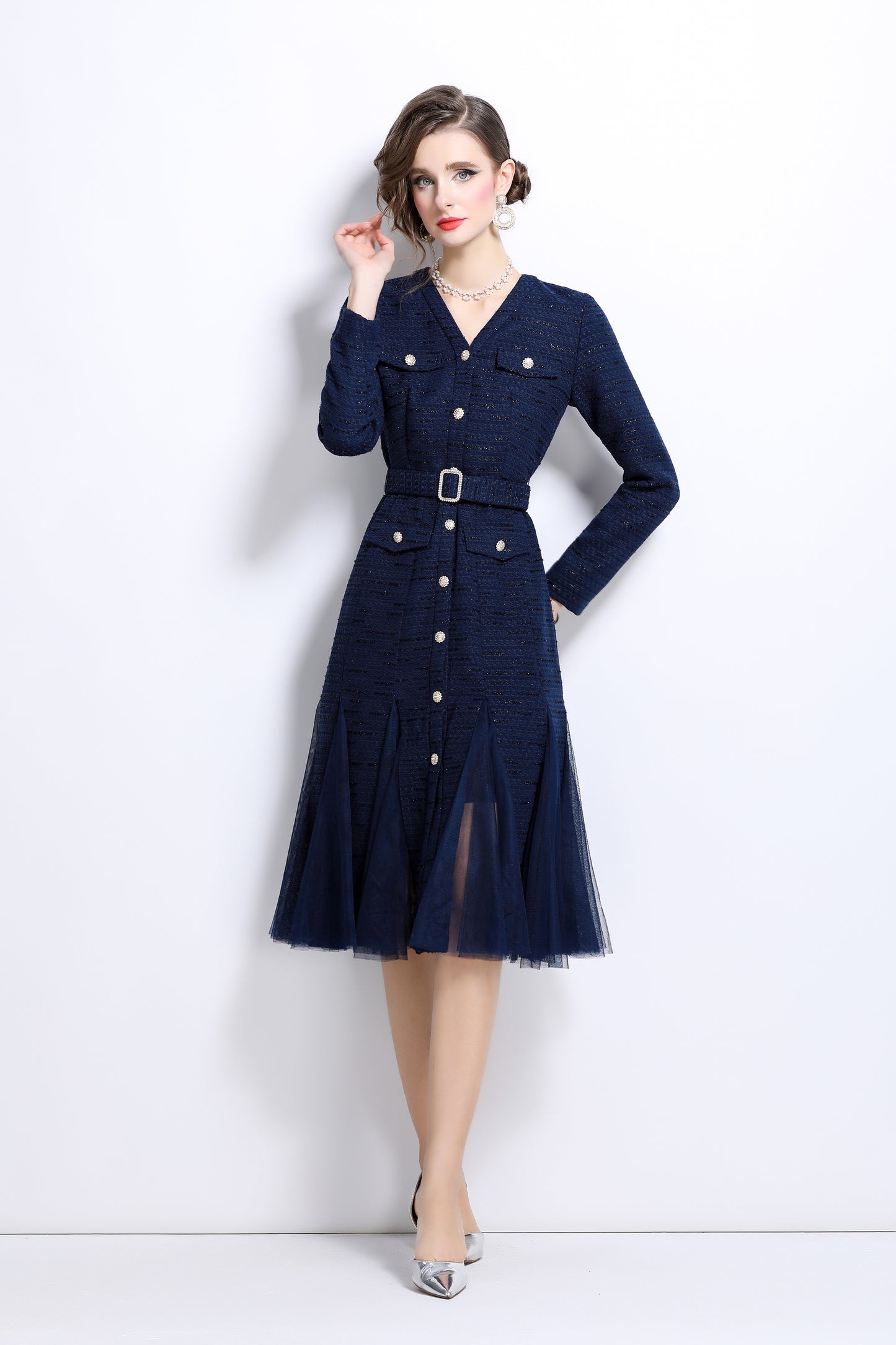 Buttons Pockets Belt Mesh Midi Dress