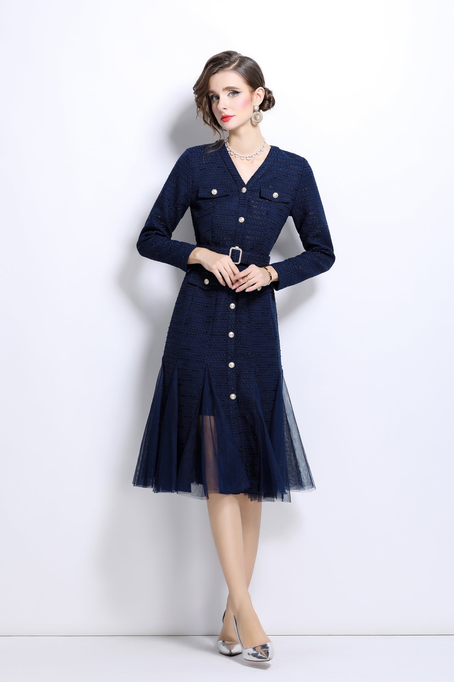 Buttons Pockets Belt Mesh Midi Dress