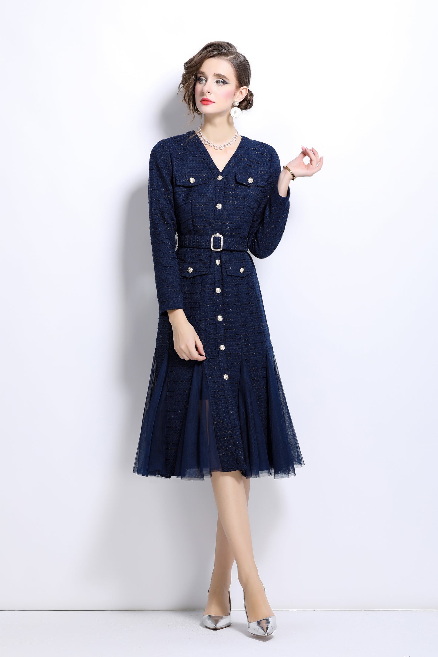 Buttons Pockets Belt Mesh Midi Dress
