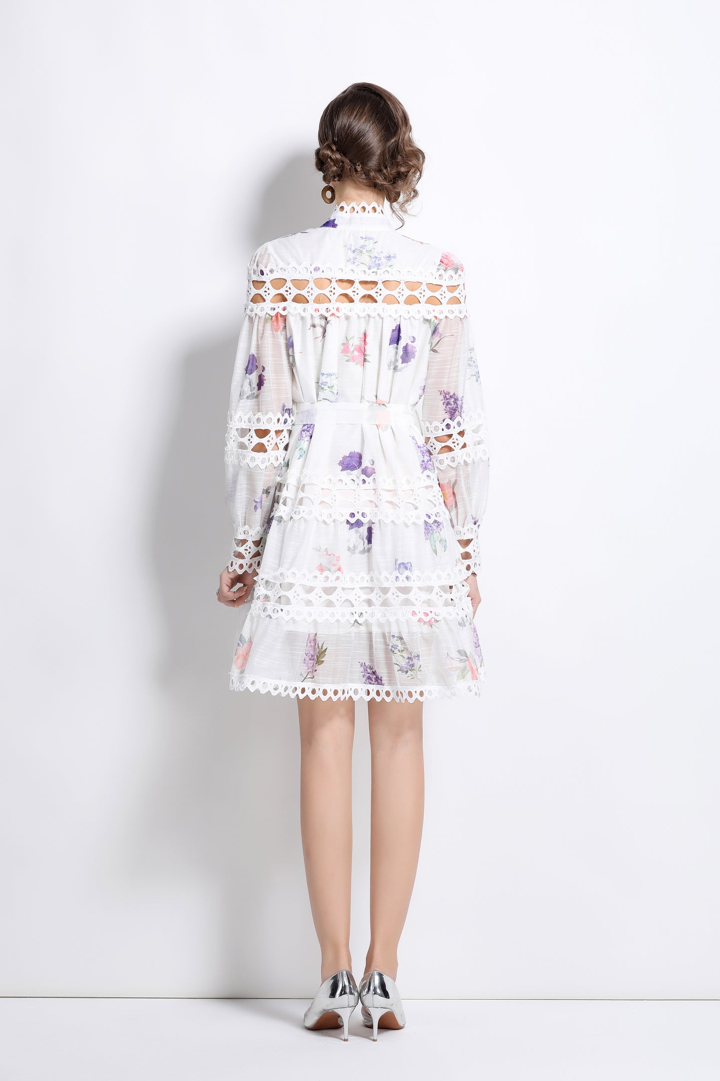 Women's Lace Puff Sleeves Floral Print Mini Dress