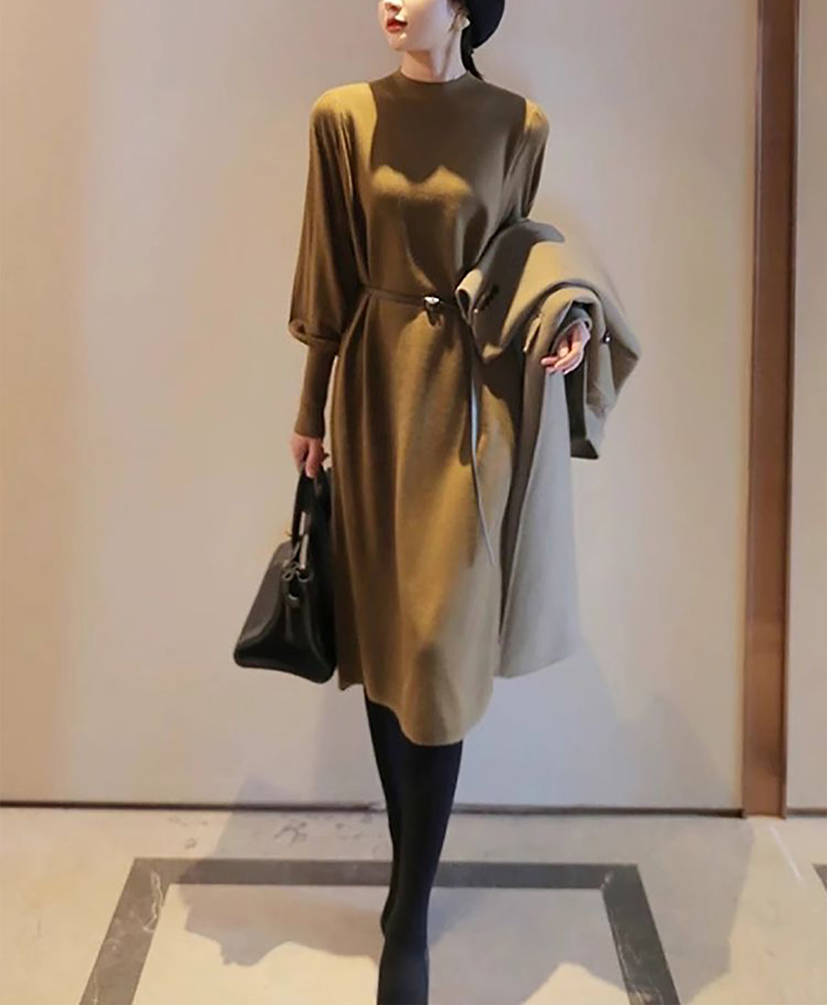 Elegant Mock Neck Knit Midi Dress: Lantern Sleeves & Belted Waist
