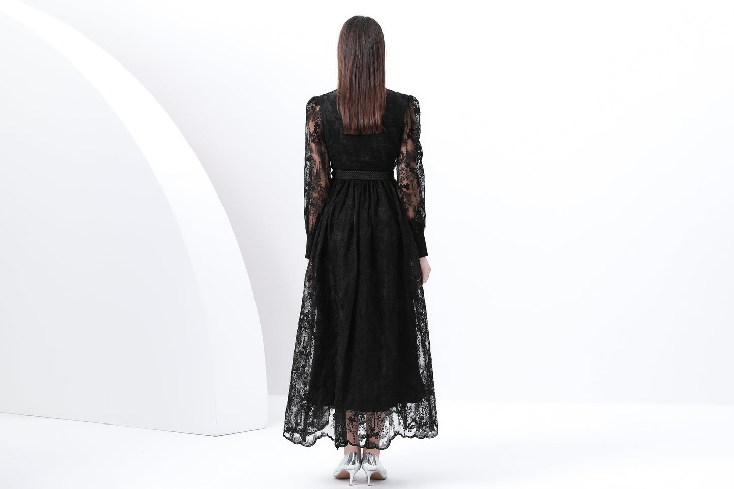 Women's V-Neck Lace Lantern Sleeve Mesh Maxi Dress