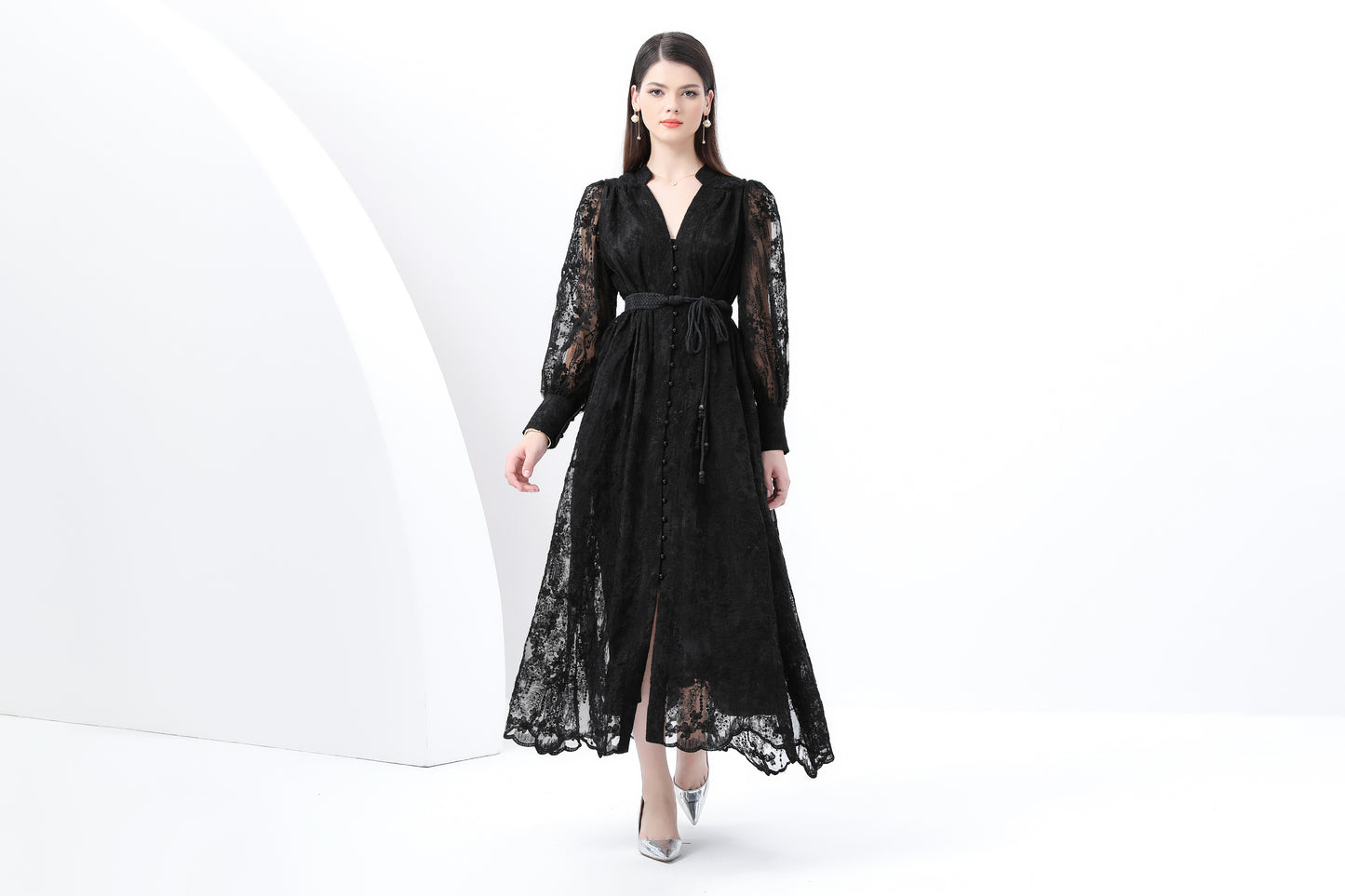 Women's V-Neck Lace Lantern Sleeve Mesh Maxi Dress