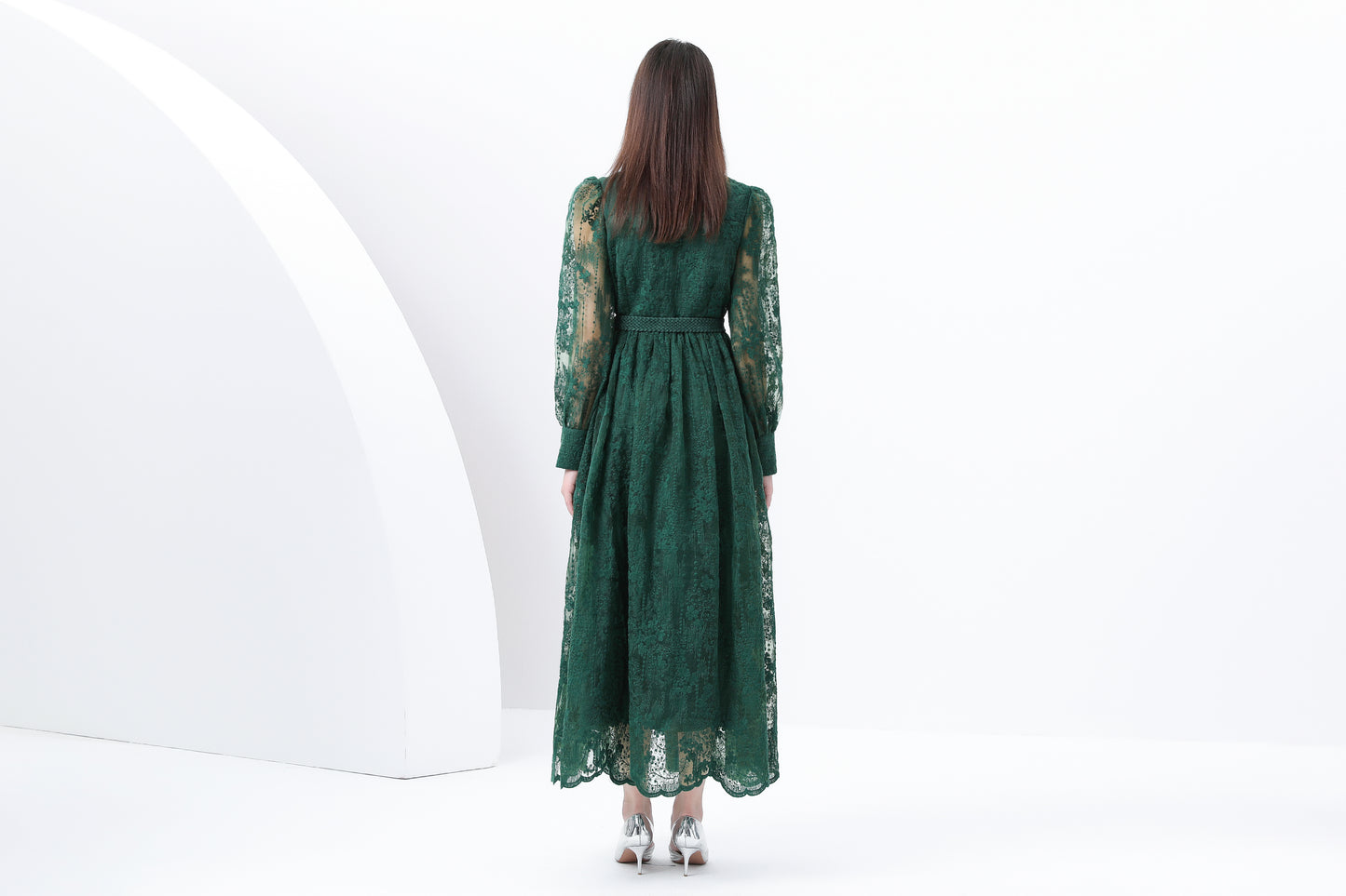 Women's V-Neck Lace Lantern Sleeve Mesh Maxi Dress