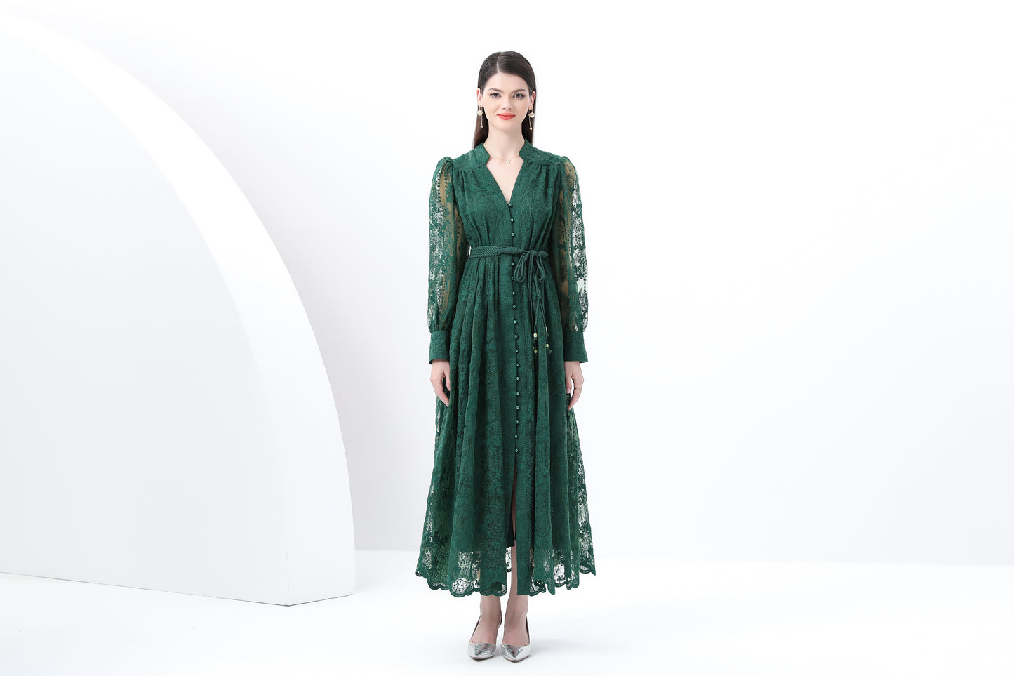 Women's V-Neck Lace Lantern Sleeve Mesh Maxi Dress