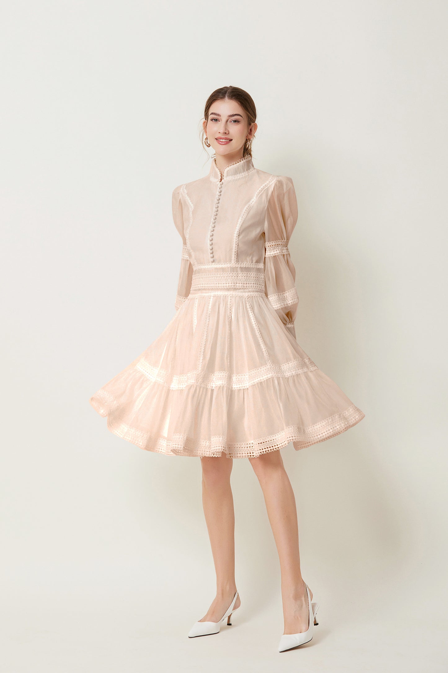 BK-Organza Lace Puff Sleeve Mini Dress