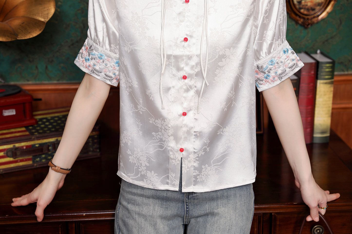 Women's Silk Satin Embroidery Jacquard Blouse Tops
