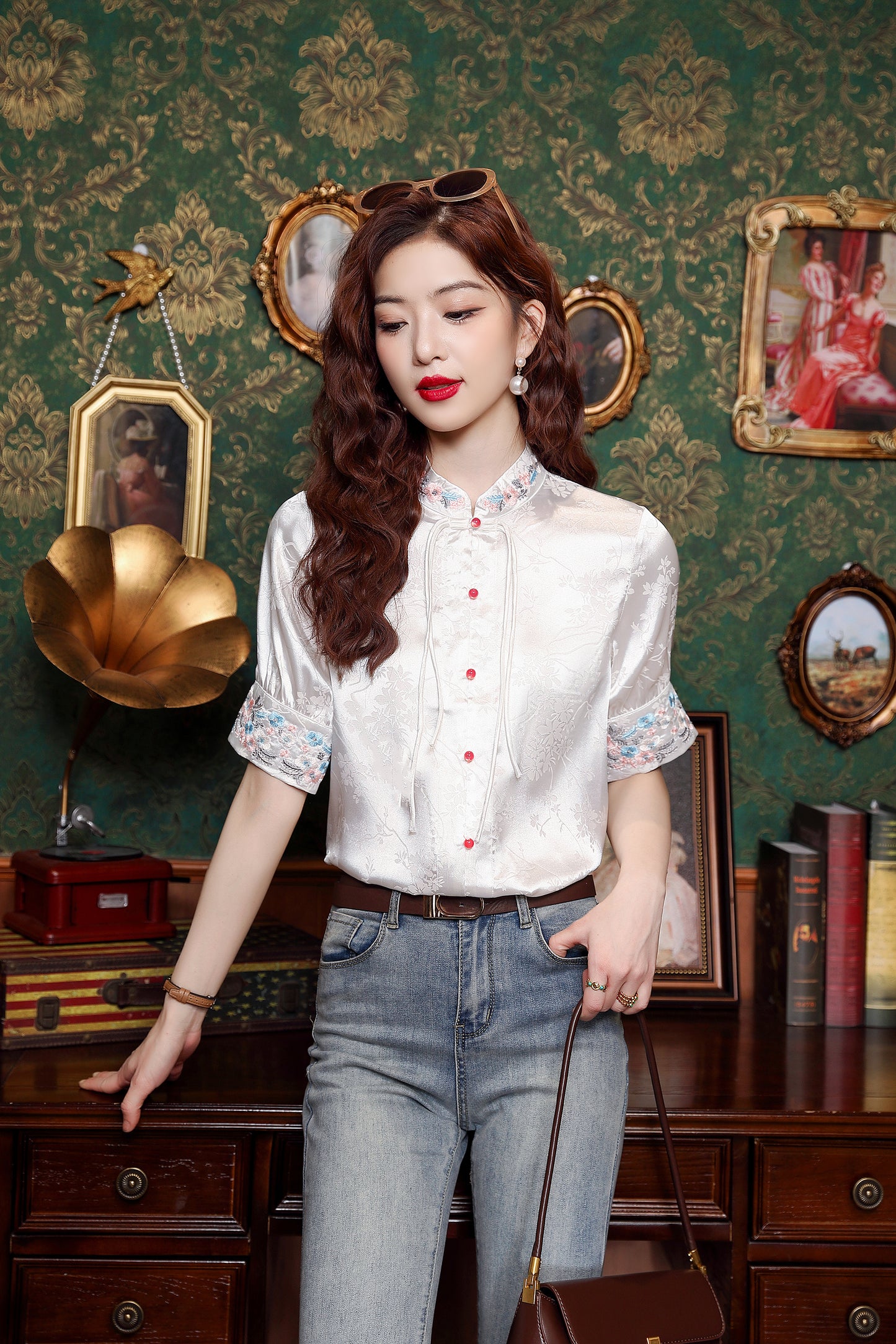 Women's Silk Satin Embroidery Jacquard Blouse Tops