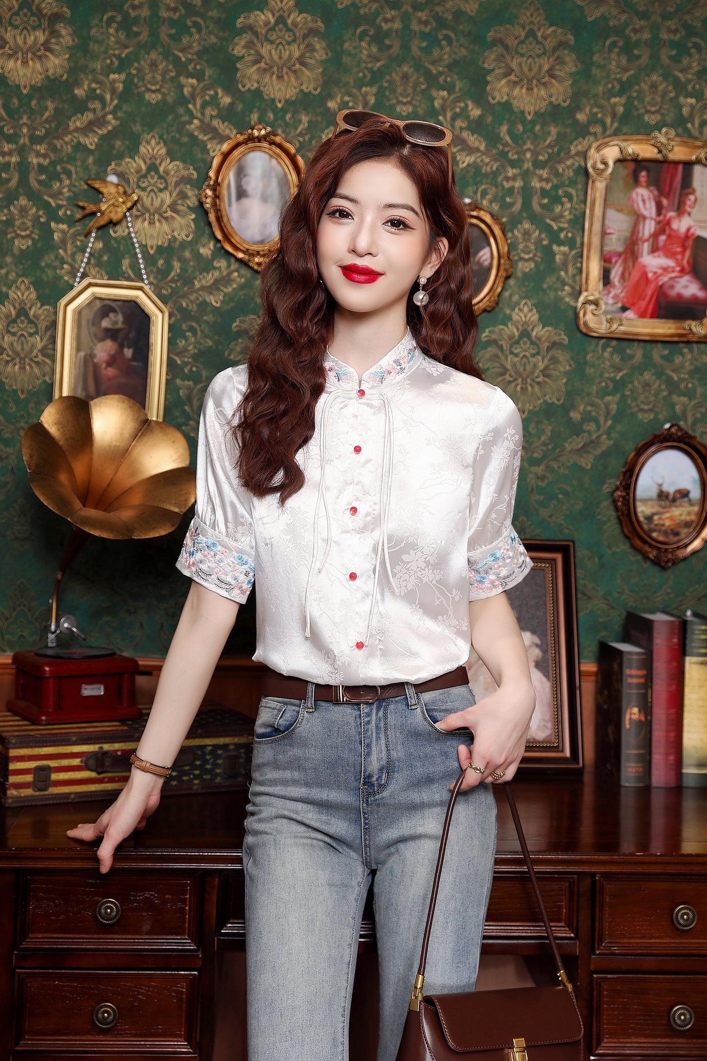 Women's Silk Satin Embroidery Jacquard Blouse Tops